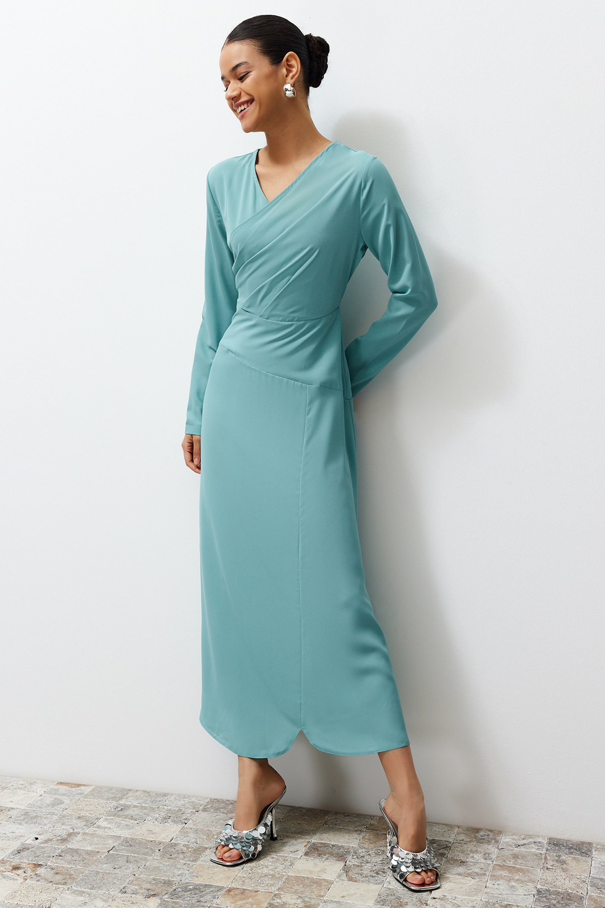 Trendyol Khaki Double Breasted Neck Woven Satin Evening Dress