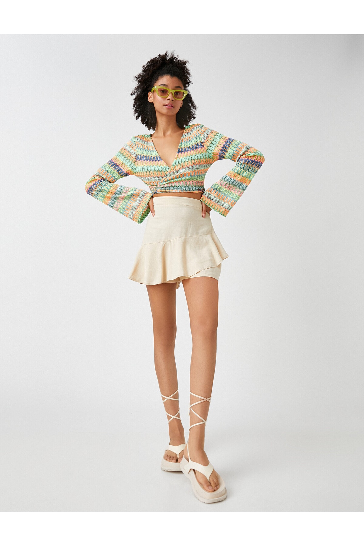 Koton Flared Mini Shorts Skirt Linen Blend