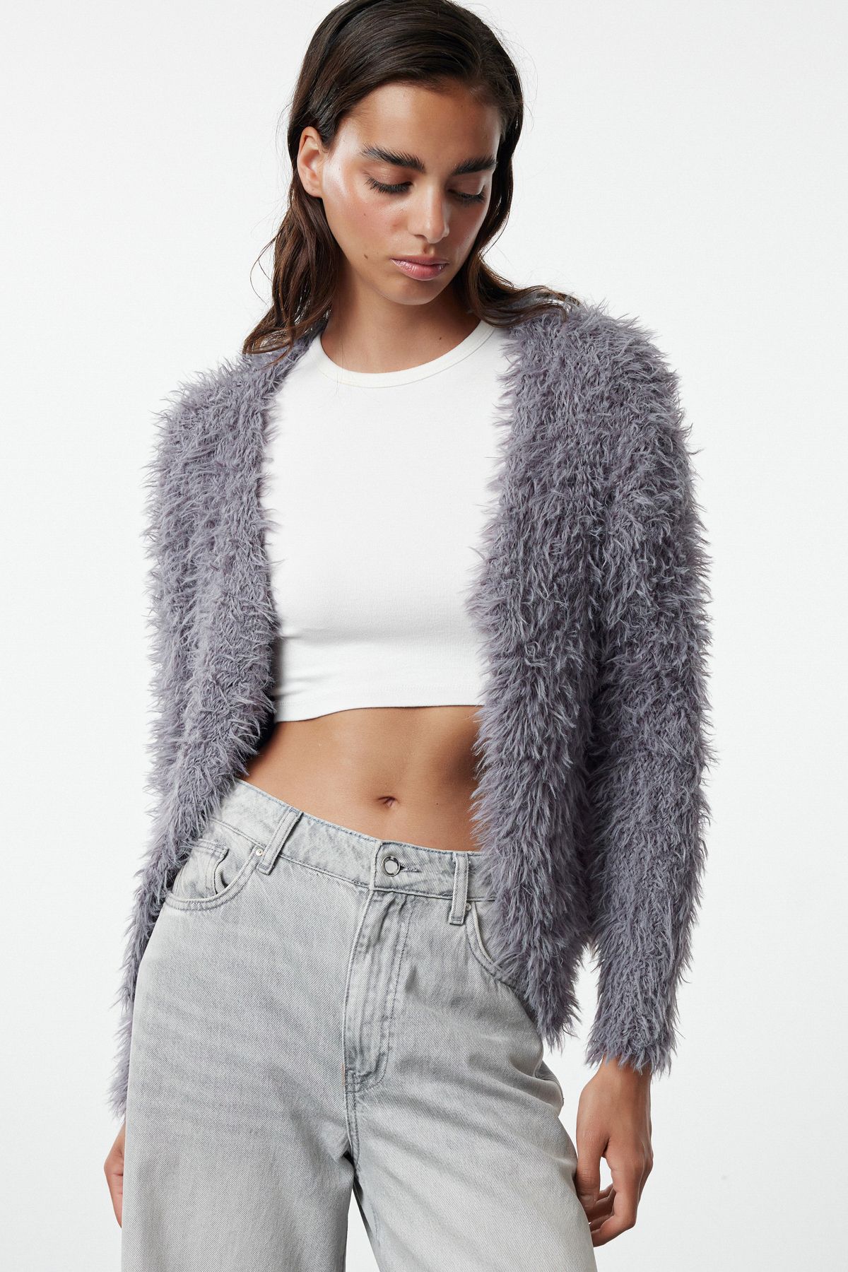 Trendyol Anthracite Soft Textured Fluffy Knitwear Cardigan