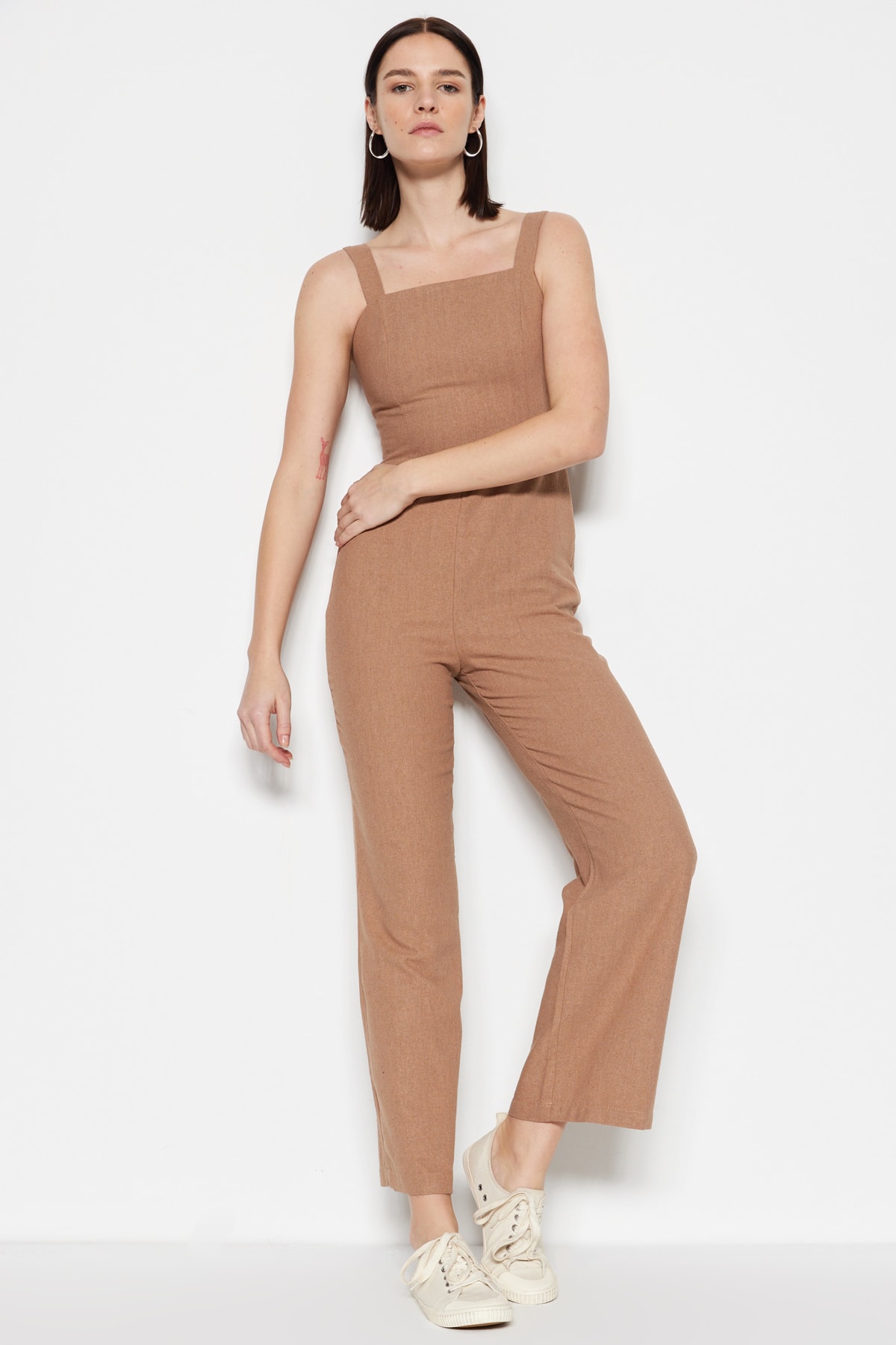 Trendyol Weave Camel Petite Square Collar Linen Look Playsuit