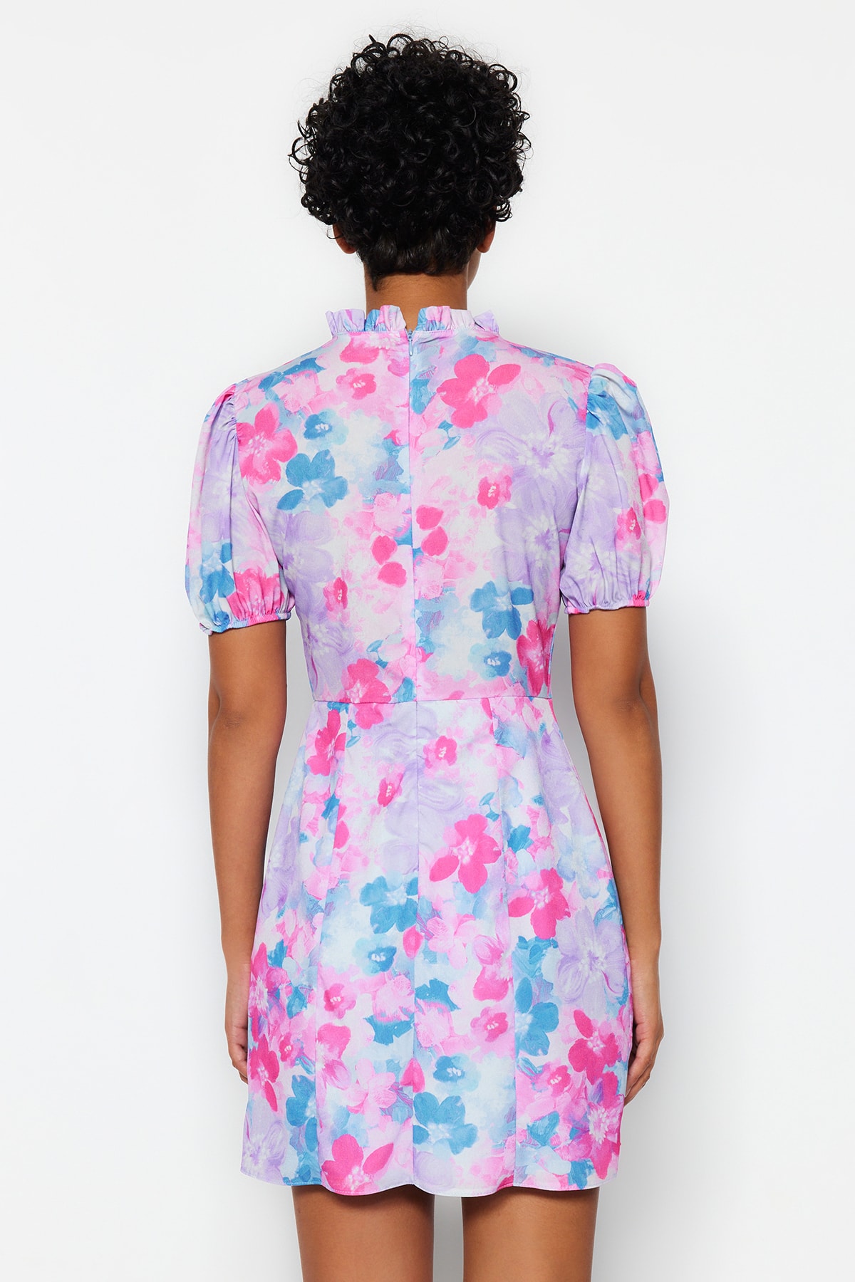 Trendyol Blue High Neck Floral Model Lined Mini Țesut Rochie