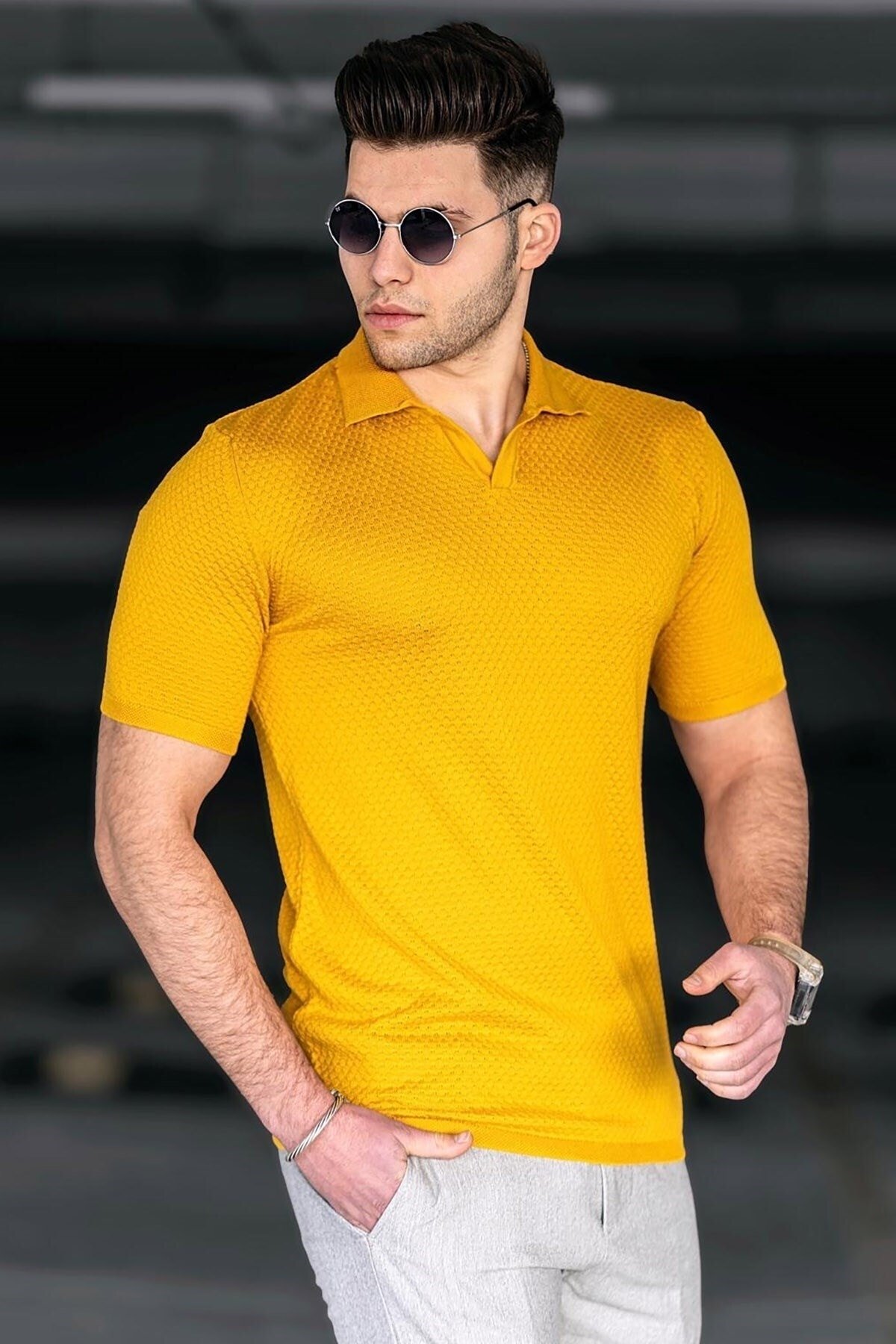 Levně Madmext Mustard Polo Collar T-Shirt 5074