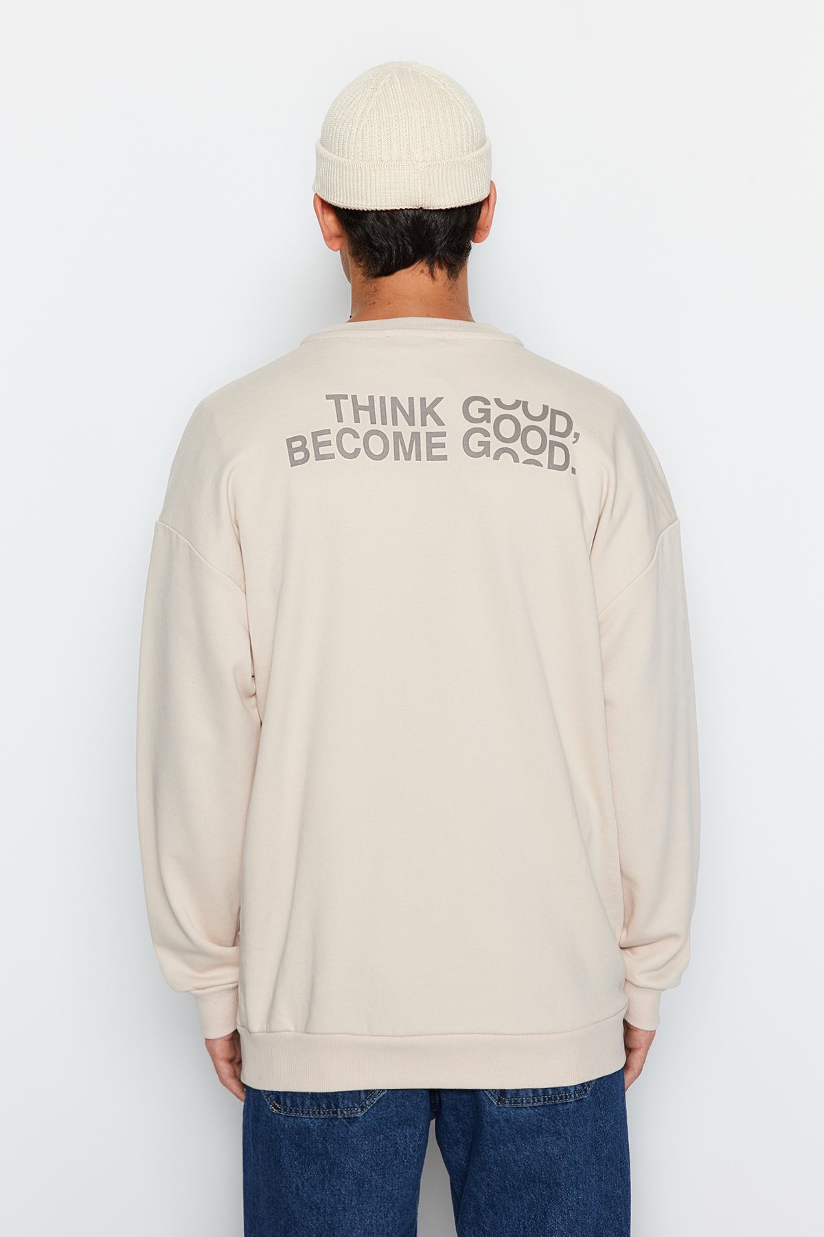 Trendyol Men's Beige Oversize/Wide-Fit Text Printed Cotton Sweatshirt