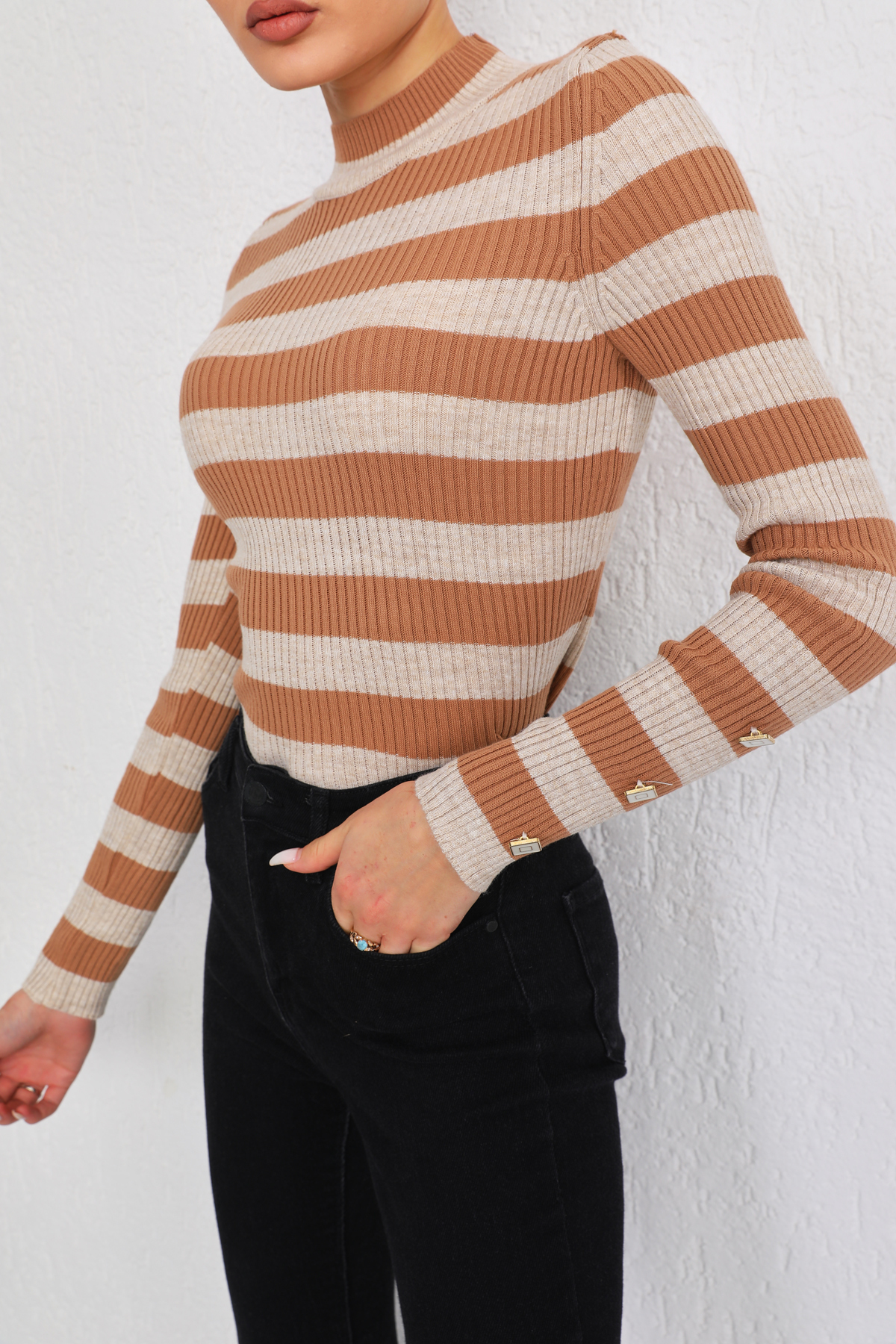 BİKELİFE Brown Striped Button Detailed Knitwear Sweater