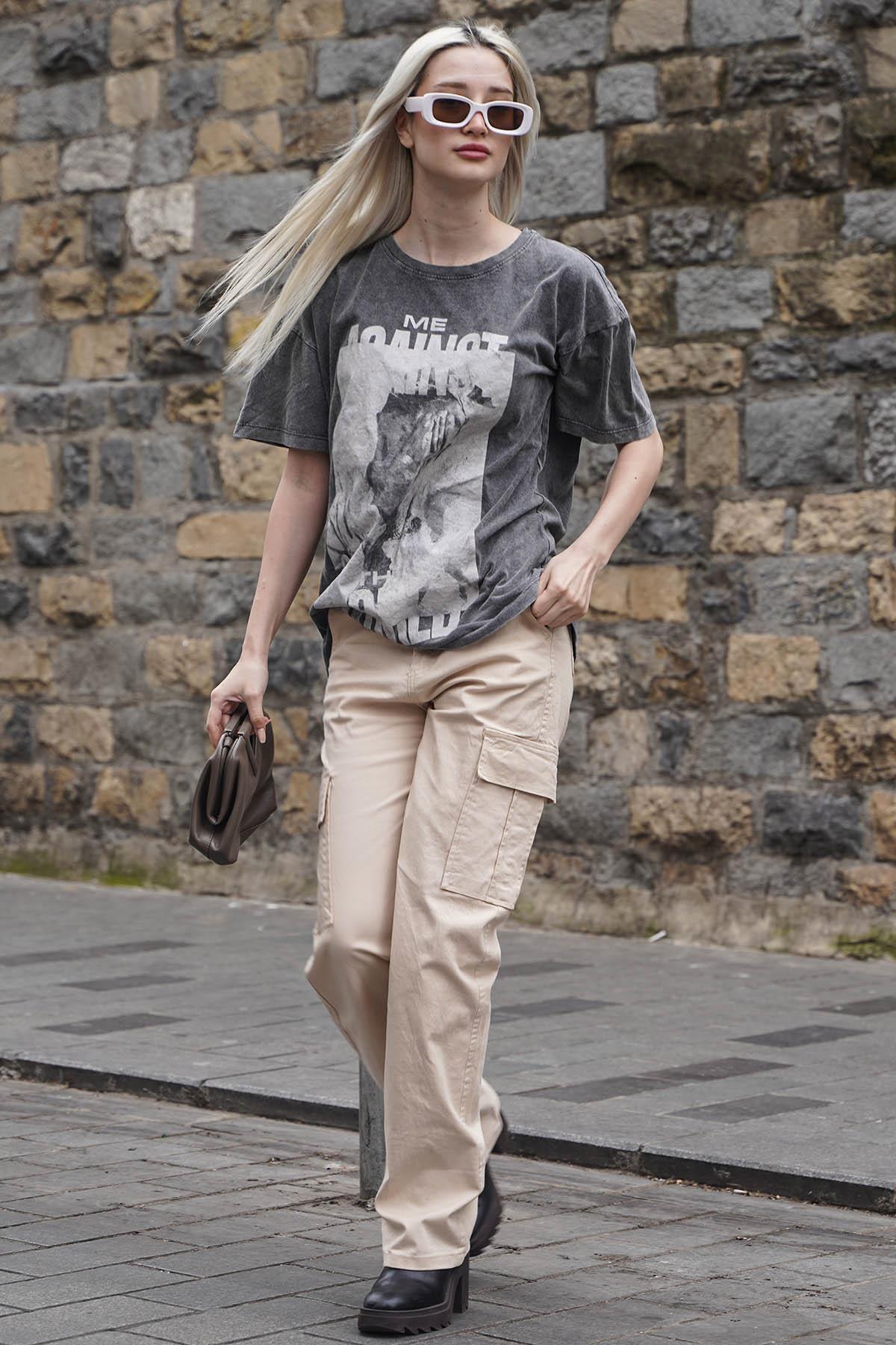 Pantaloni bej cu buzunare Madmext