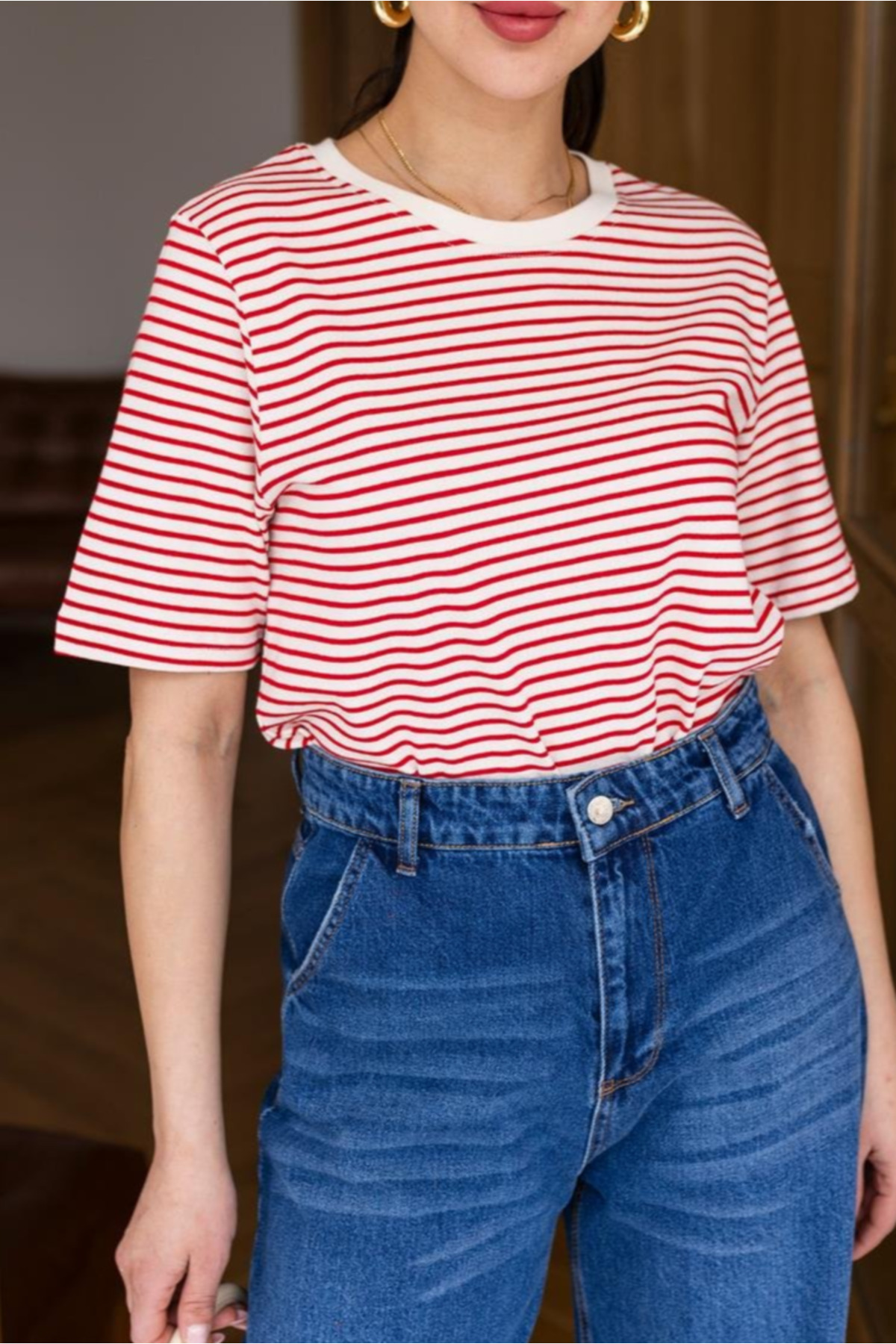 Laluvia Ecru-Red Striped Crew Neck Cotton T-Shirt