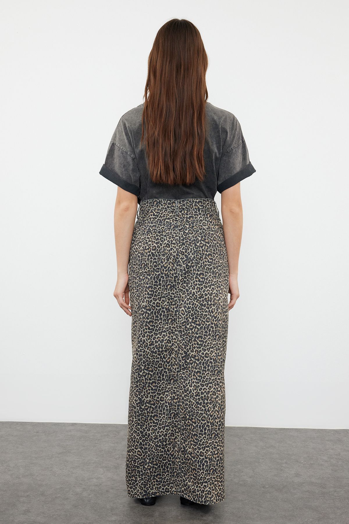 Trendyol Multicolored Leopard Patterned Brown Midi Denim Skirt