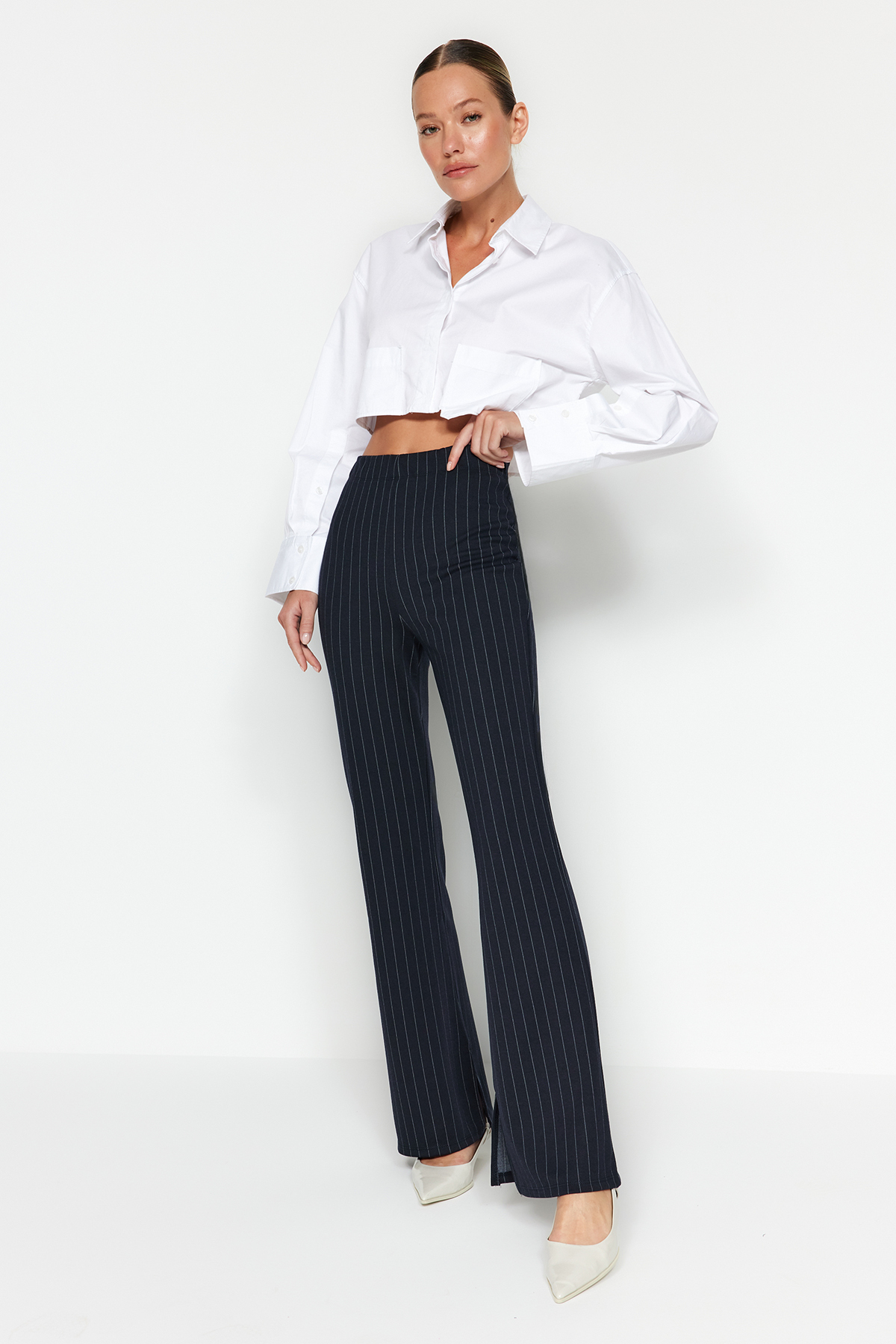 Trendyol Navy Blue Smart With Slits Flare/Flare Spanish Leg High Waist Striped Knitted Leggings Pants