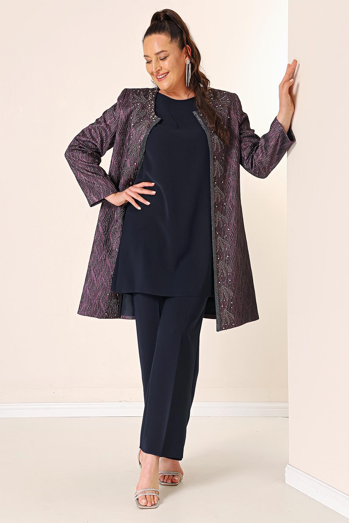 By Saygı Plus Size 3 Set Inner Sleeveless Blouse Bead Detailed Lined Jacquard Long Jacket Trousers