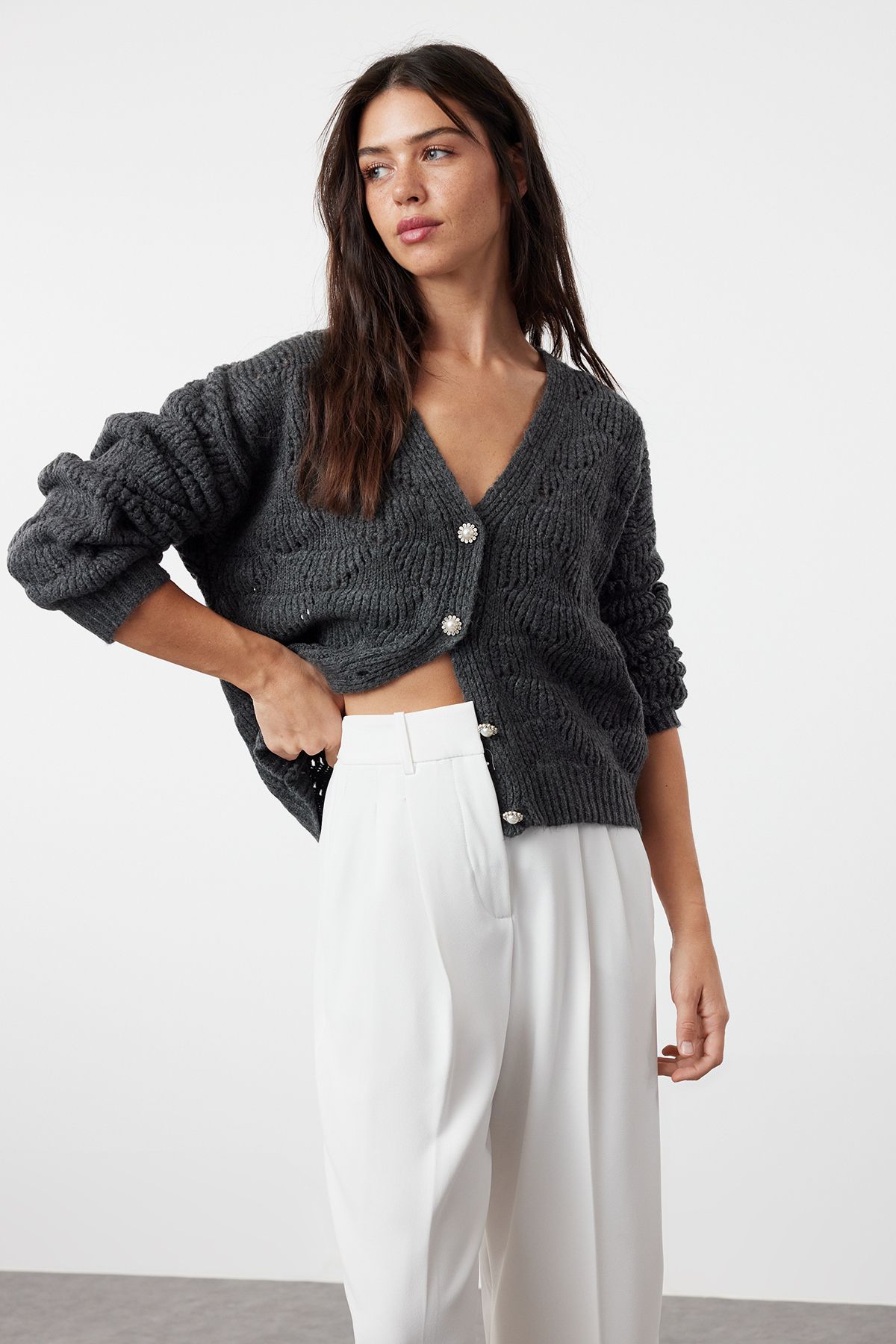 Trendyol Anthracite Openwork/Perforated V-Neck Knitwear Cardigan