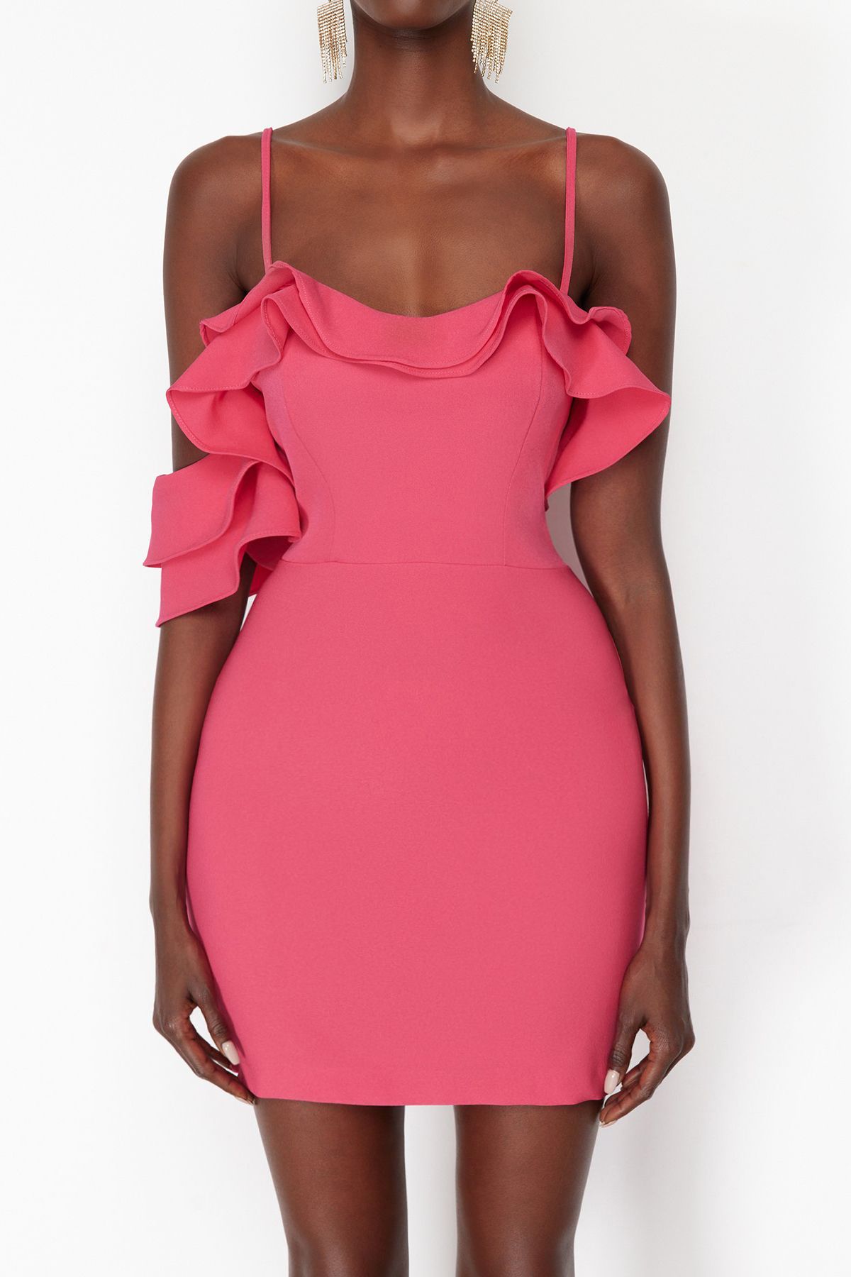 Trendyol Fuchsia Fitted Flounce Woven Short Elegant Evening Dress