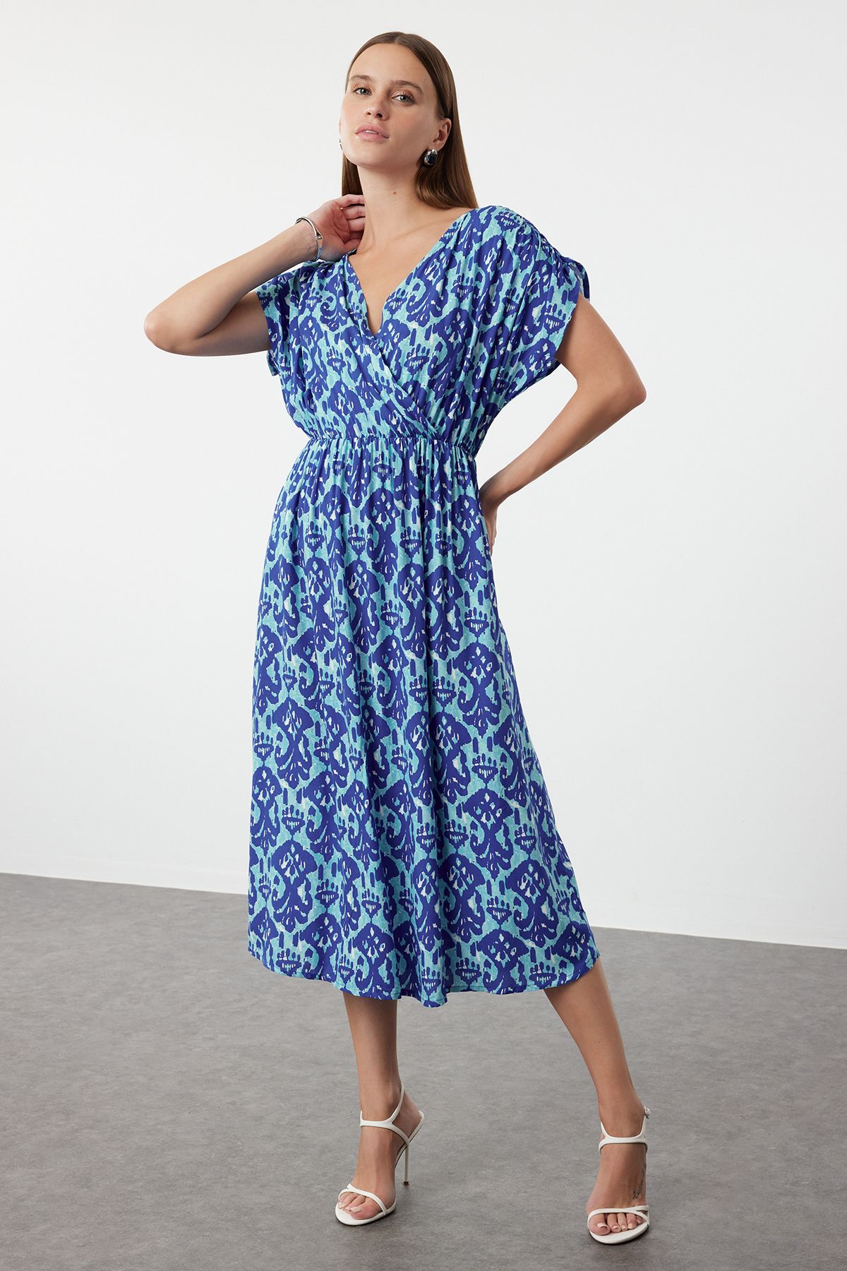 Trendyol Blue Ethnic Patterned A-Line Double Breasted Neck Midi Viscose Woven Dress