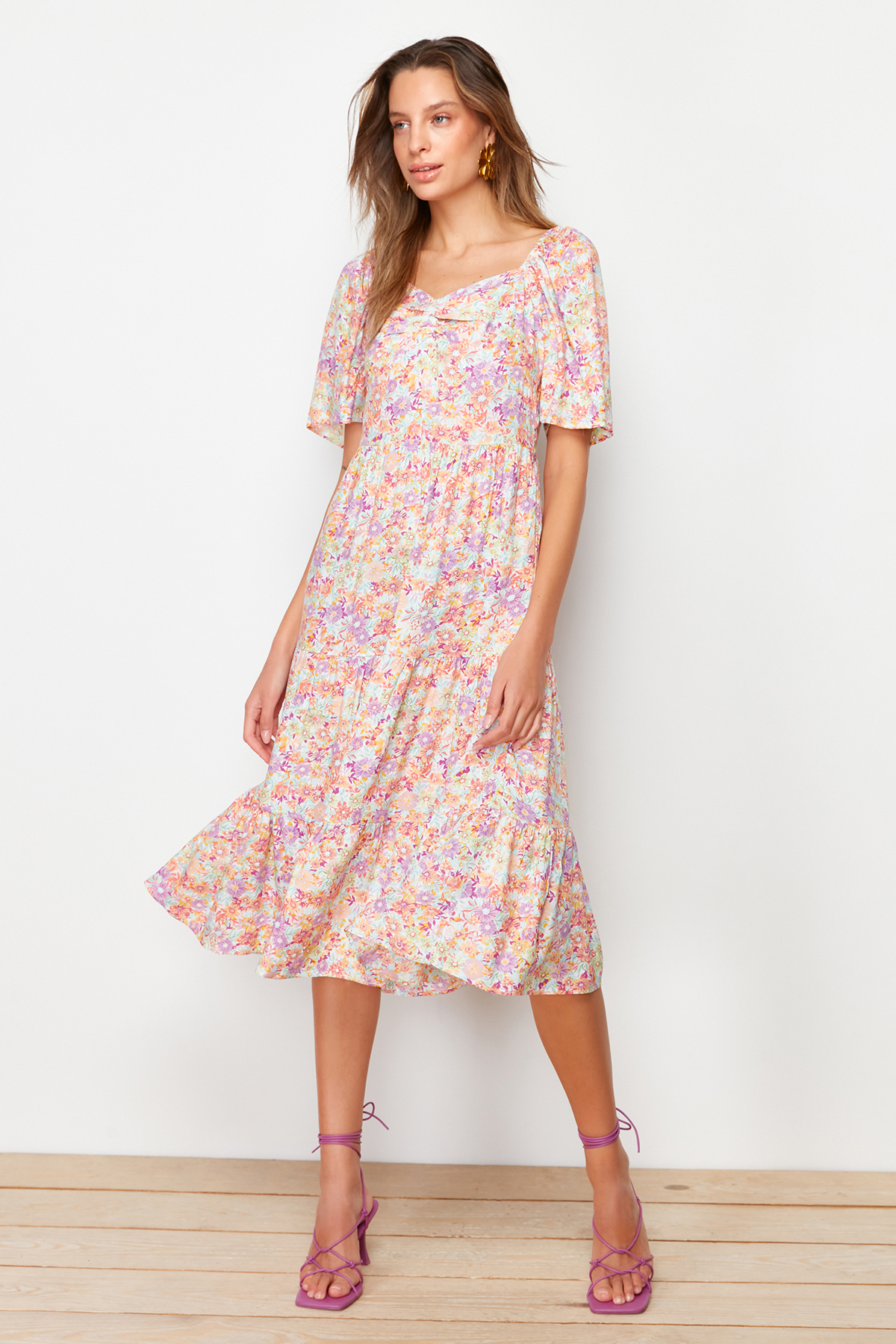 Trendyol Mint A-Line Balloon Sleeve Floral Patterned Midi Woven Dress