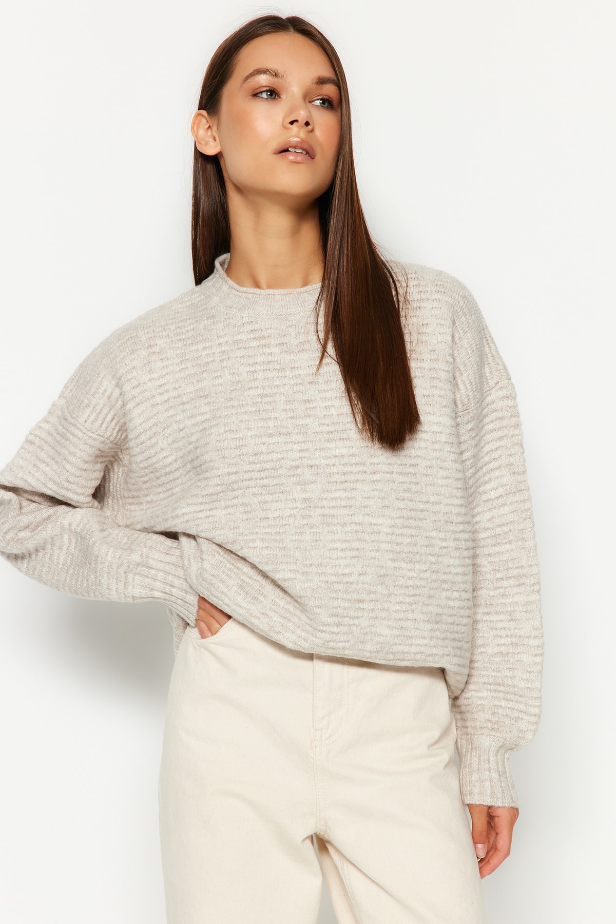 Trendyol Stone Soft Textured Crewneck Knitwear Sweater