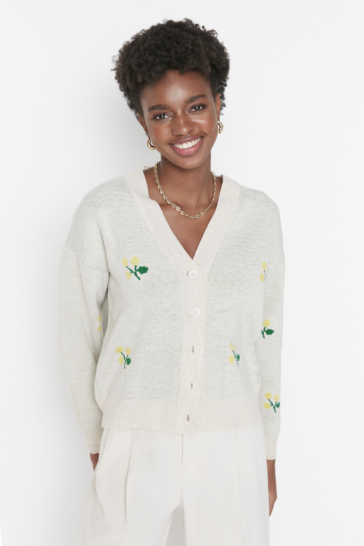 Trendyol Stone and Fruit Patterned Knitwear Cardigan