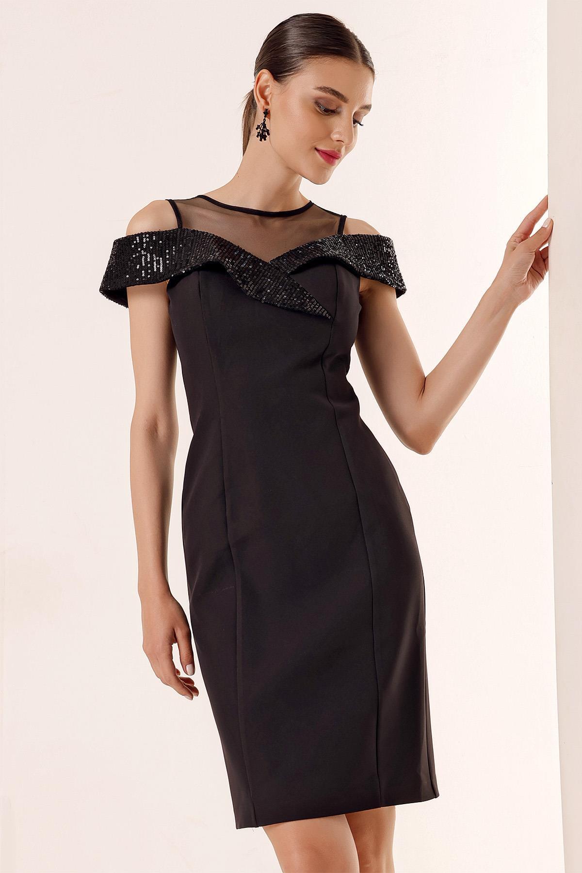 Levně By Saygı Top Transparent Tulle Collar Sequined Sequin Dress