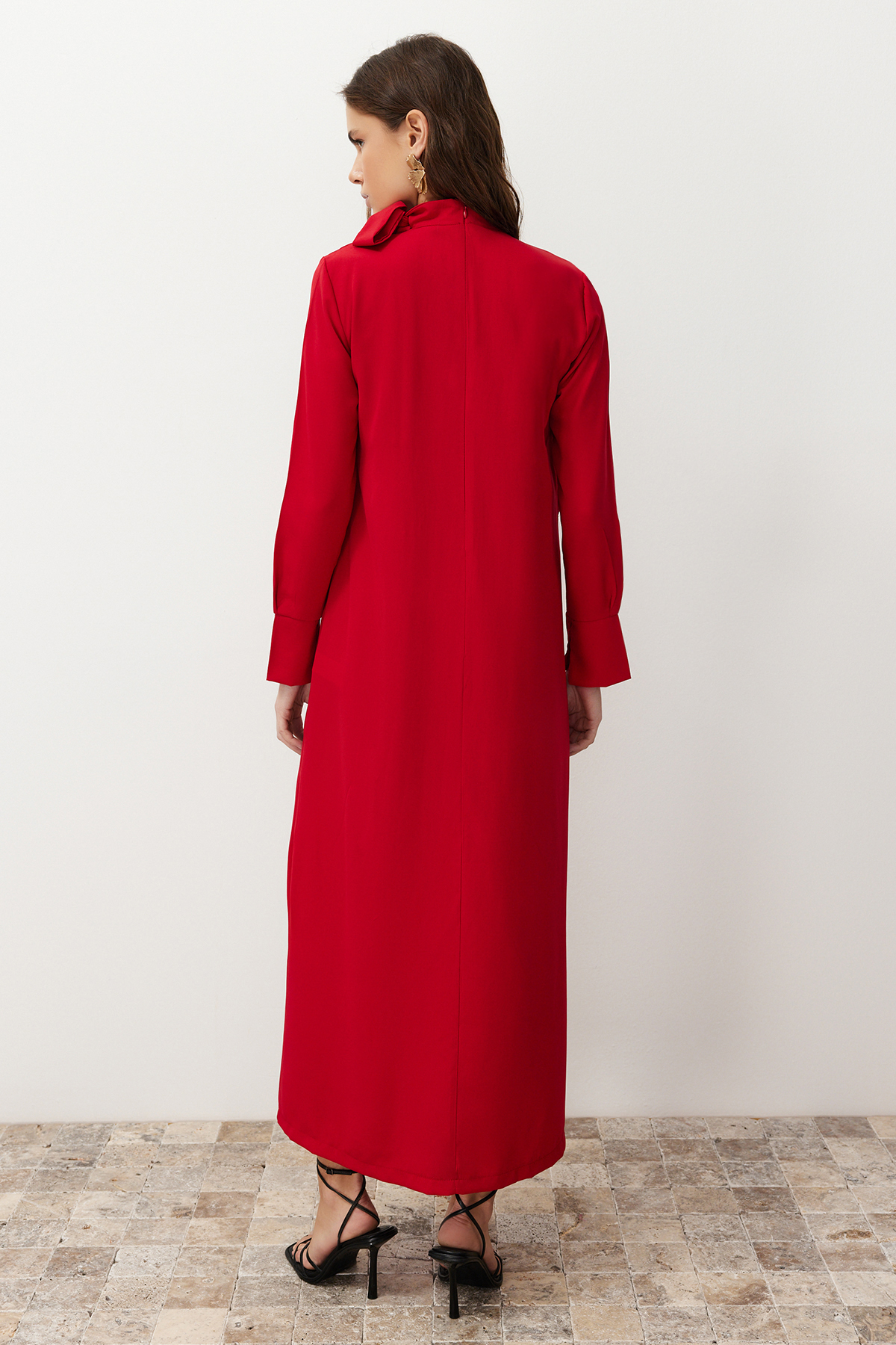 Trendyol Burgundy Collar Tie Detailed Woven Dress