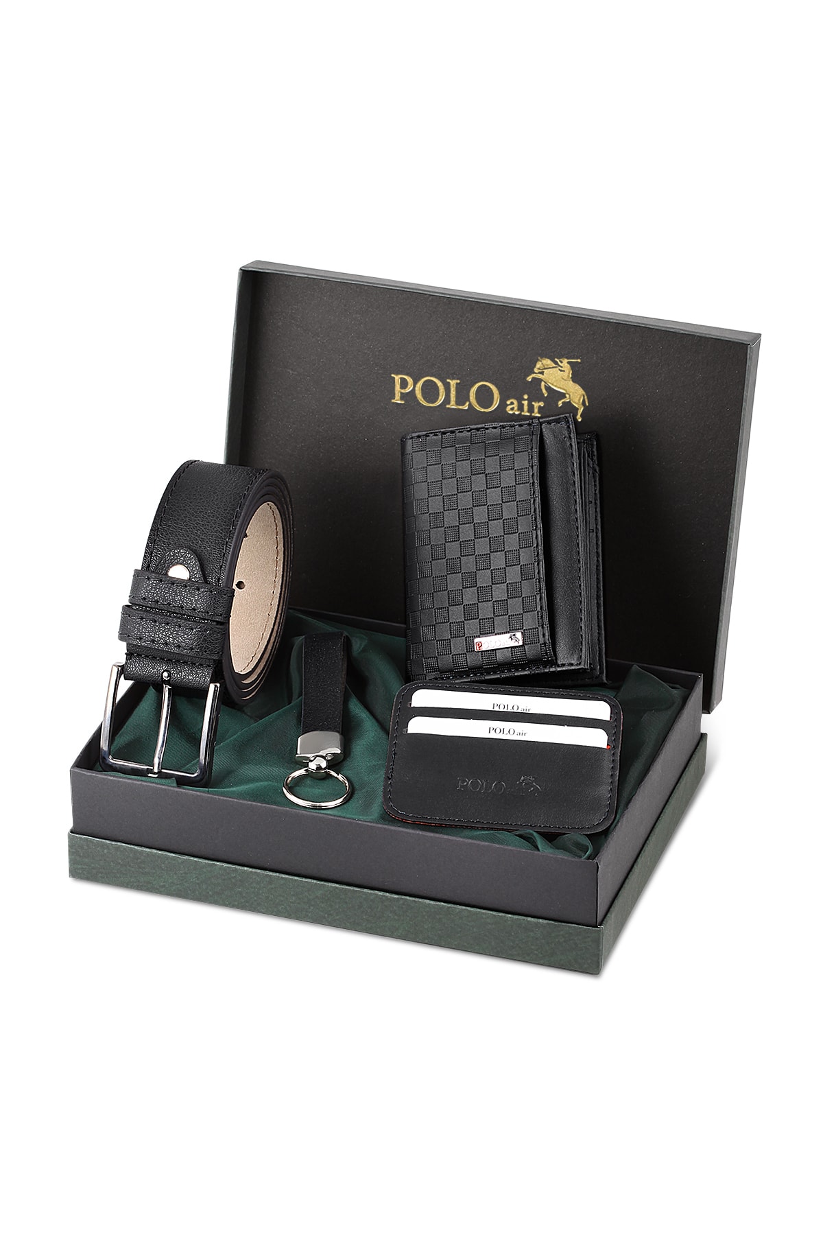 Levně Polo Air Checkerboard Pattern Wallet It Makes It Own Card Holder Belt Keychain Combine Black Set.