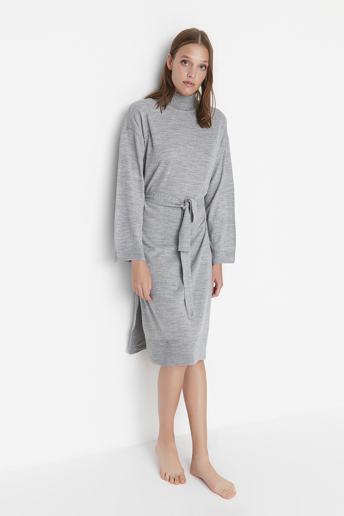 Trendyol Gray Belted Long Knitwear Dress