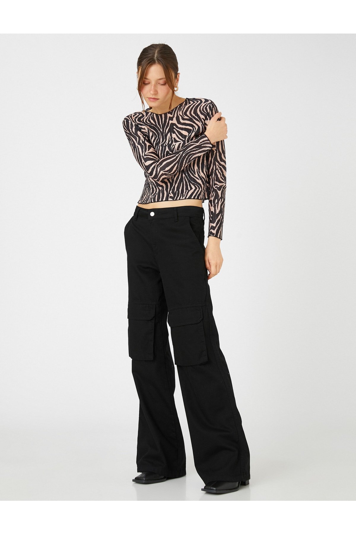 Koton Pleated Crop T-Shirt Crew Neck Long Sleeved