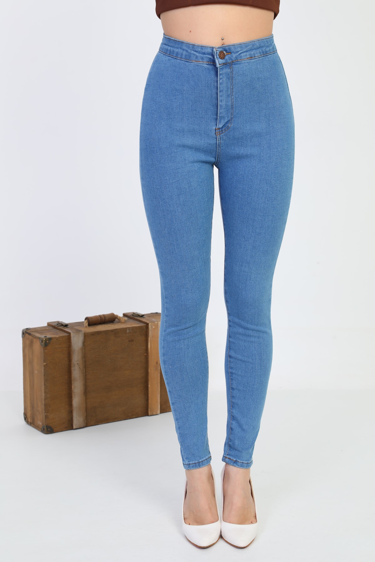 Levně BİKELİFE Women's Blue Lycra High Waist Denim Leggings Trousers