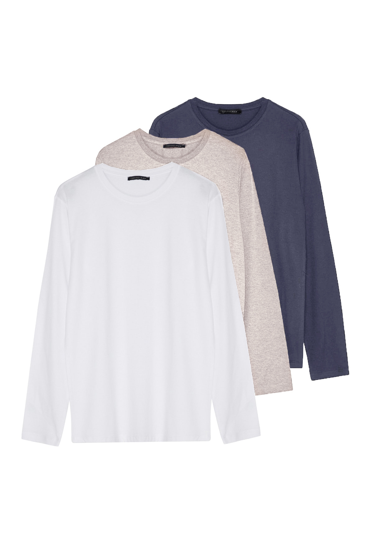 Levně Trendyol 3-Souprava Tmavě šedá-béžová-bílá Slim / Slim Fit 100% bavlna Dlouhý rukáv Základní tričko