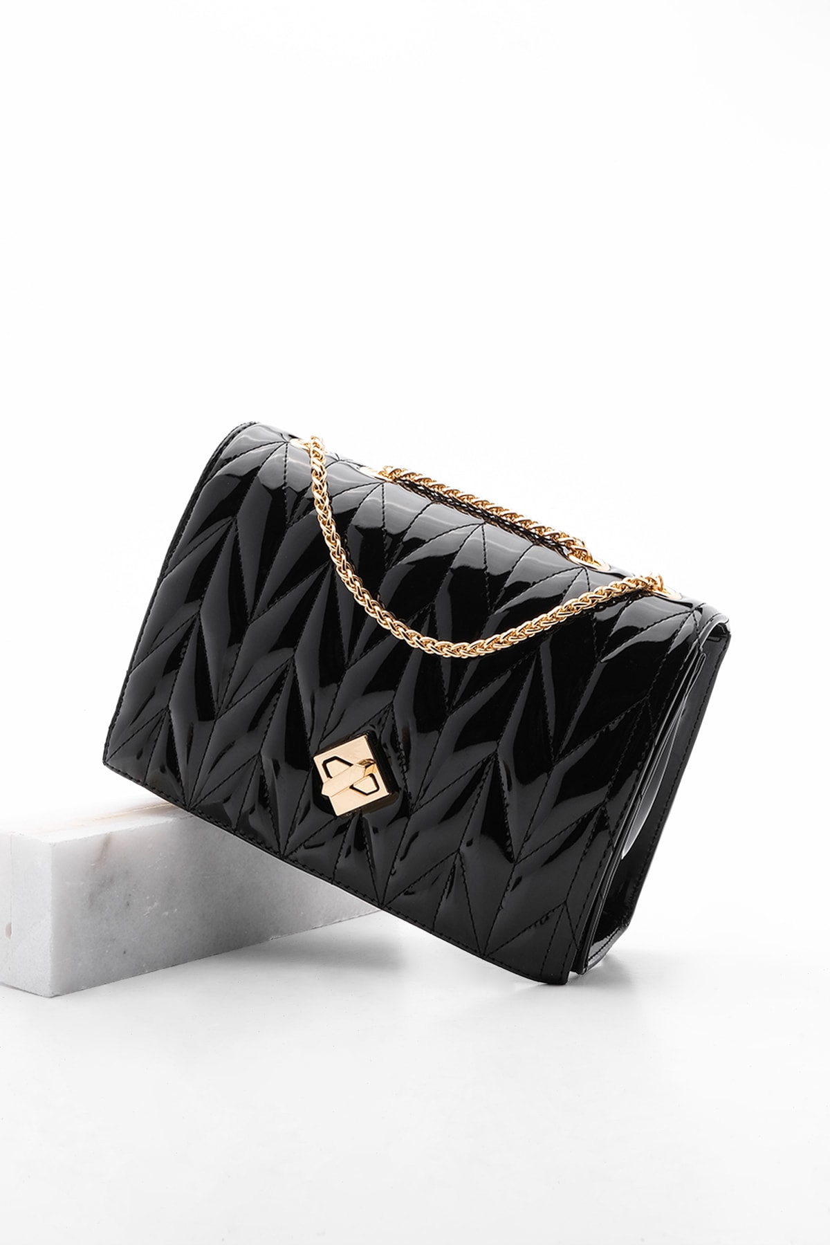 Marjin Women's Gold Color Chain Shoulder Bag Delbin Black Patent Leather