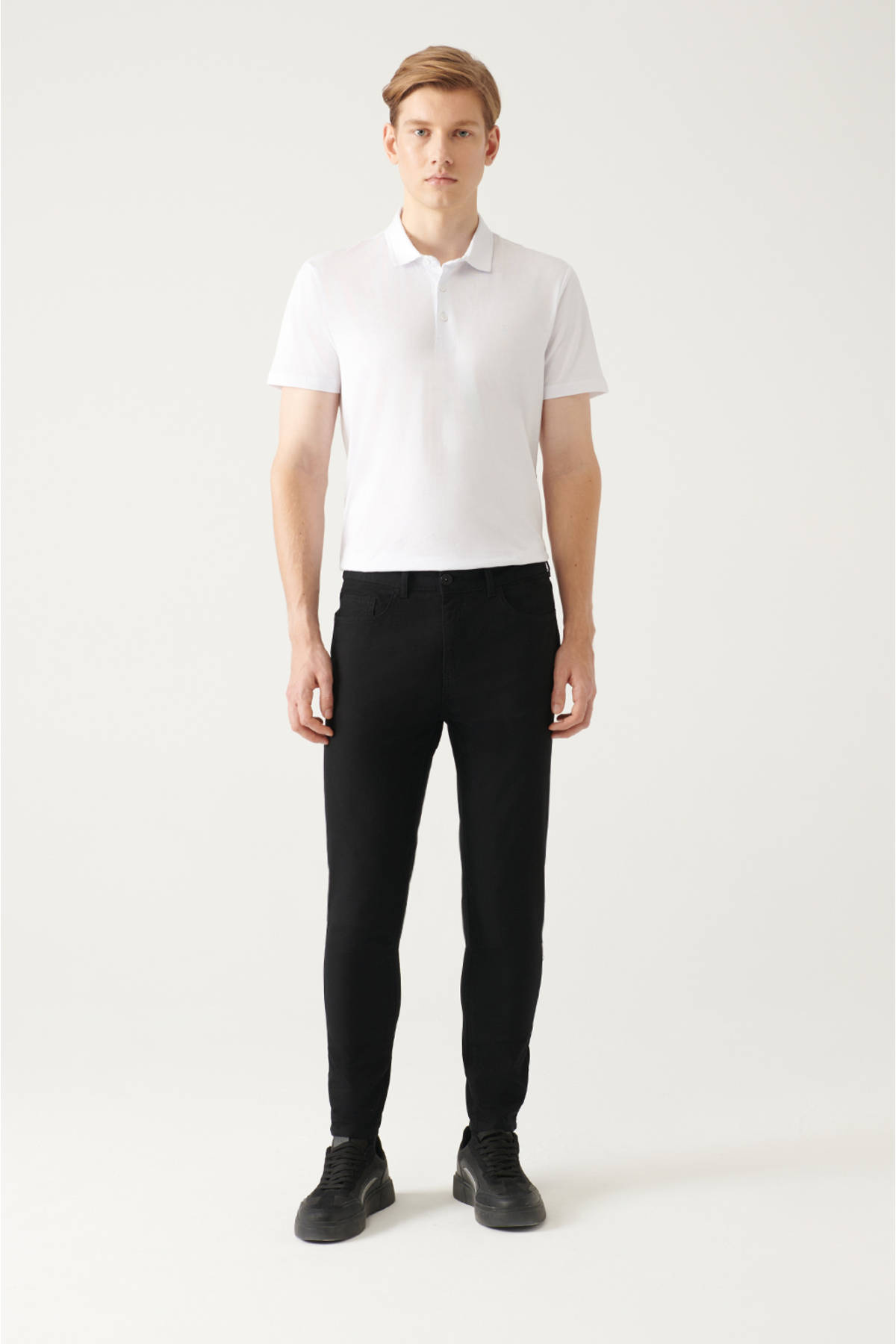 Avva Men's Black Dobby 5 Pocket Slim Fit Slim Fit Canvas Flexible Trousers