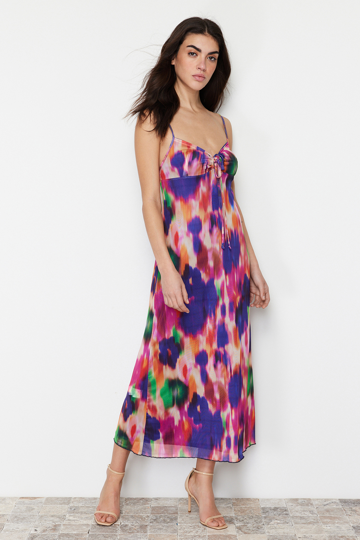Levně Trendyol Multicolored Maxi Length Sweetheart Neckline Knitted Maxi Dress
