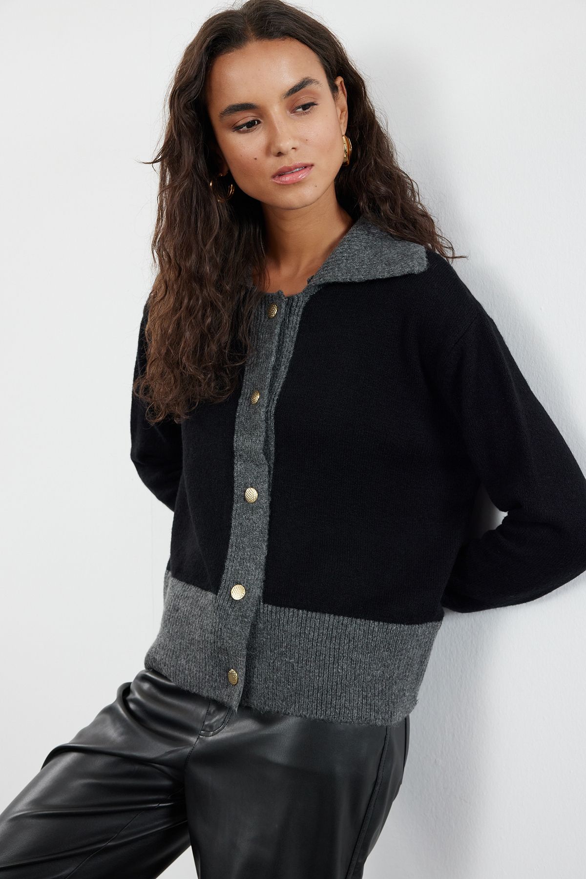 Trendyol Anthracite Soft Textured Color Blocked Knitwear Cardigan