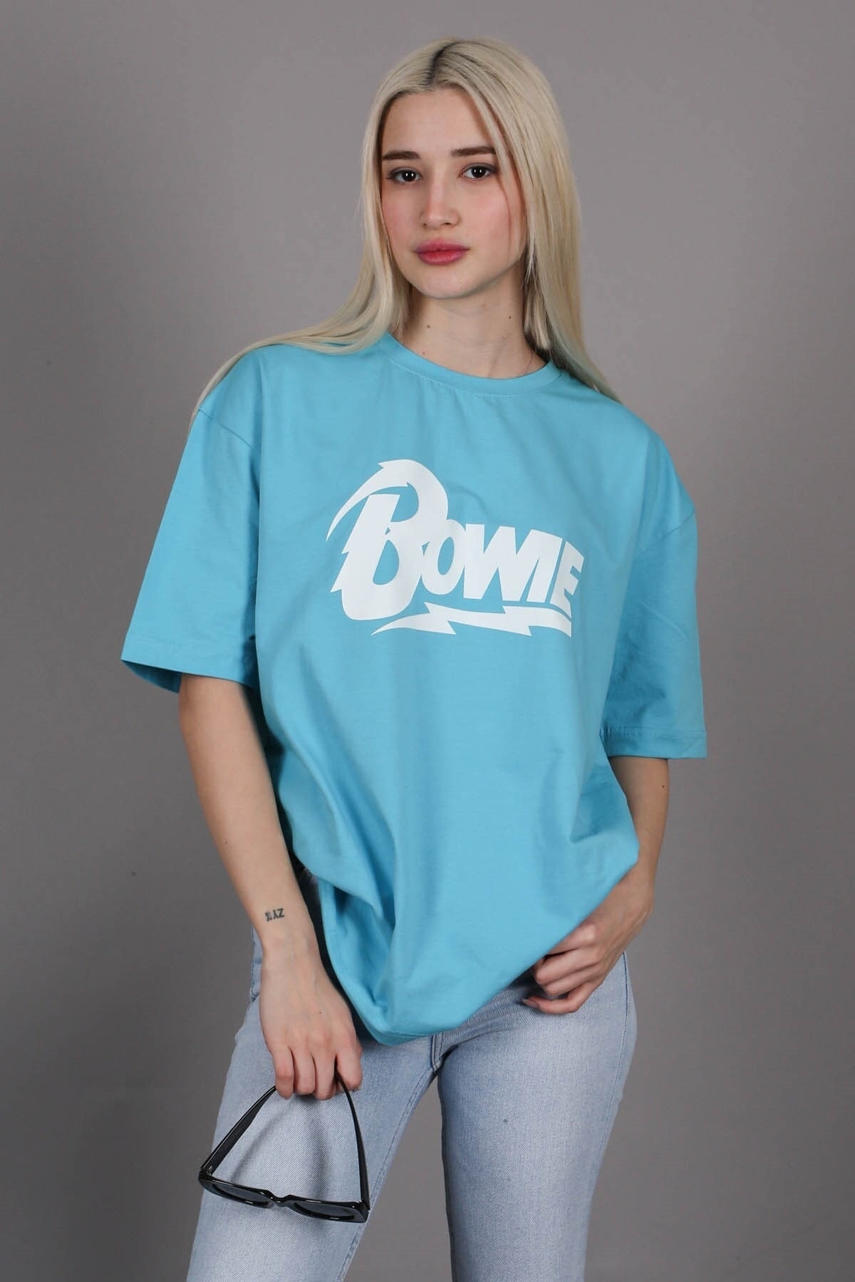 Levně Madmext Turquoise Printed Over Fit T-Shirt