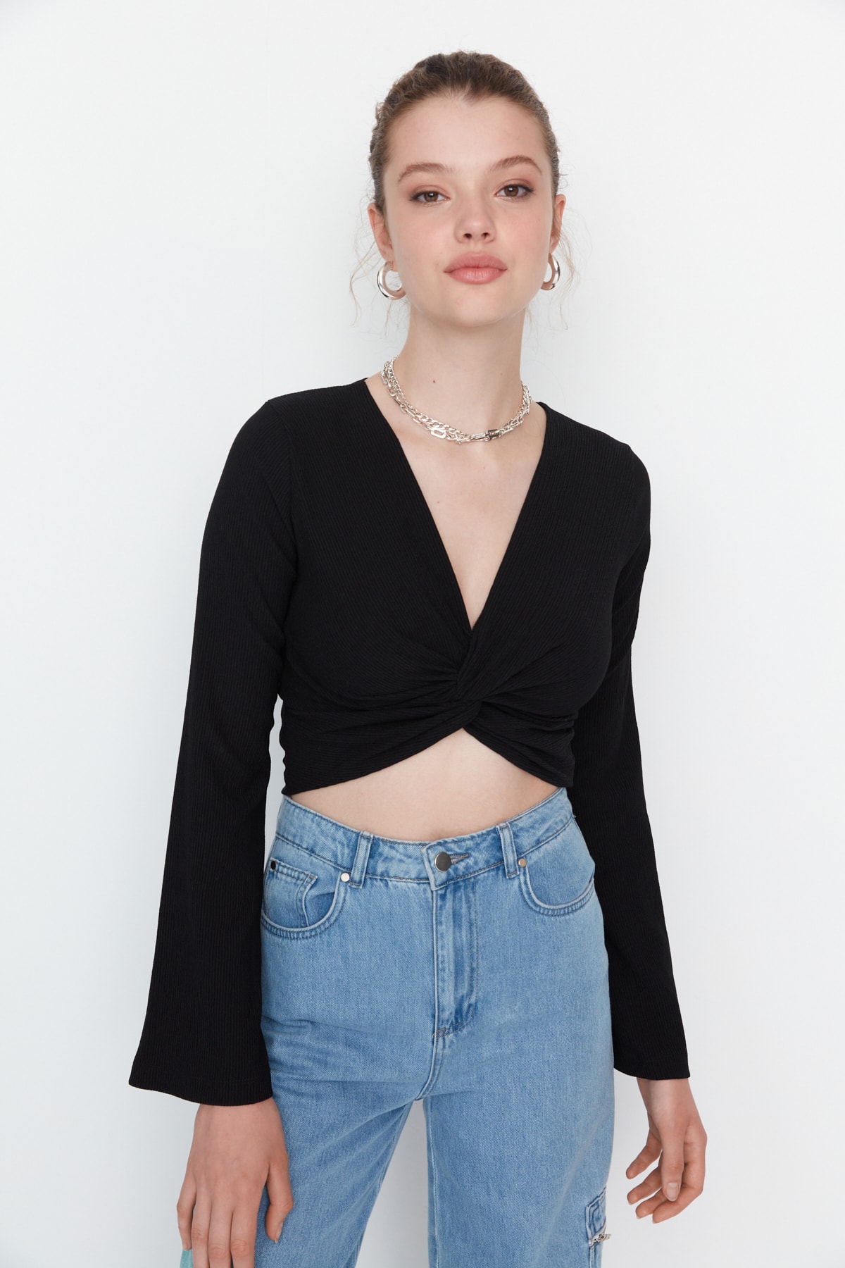 Trendyol Black Knot Detailed Wrapped/Textured Crop Knitted Blouse