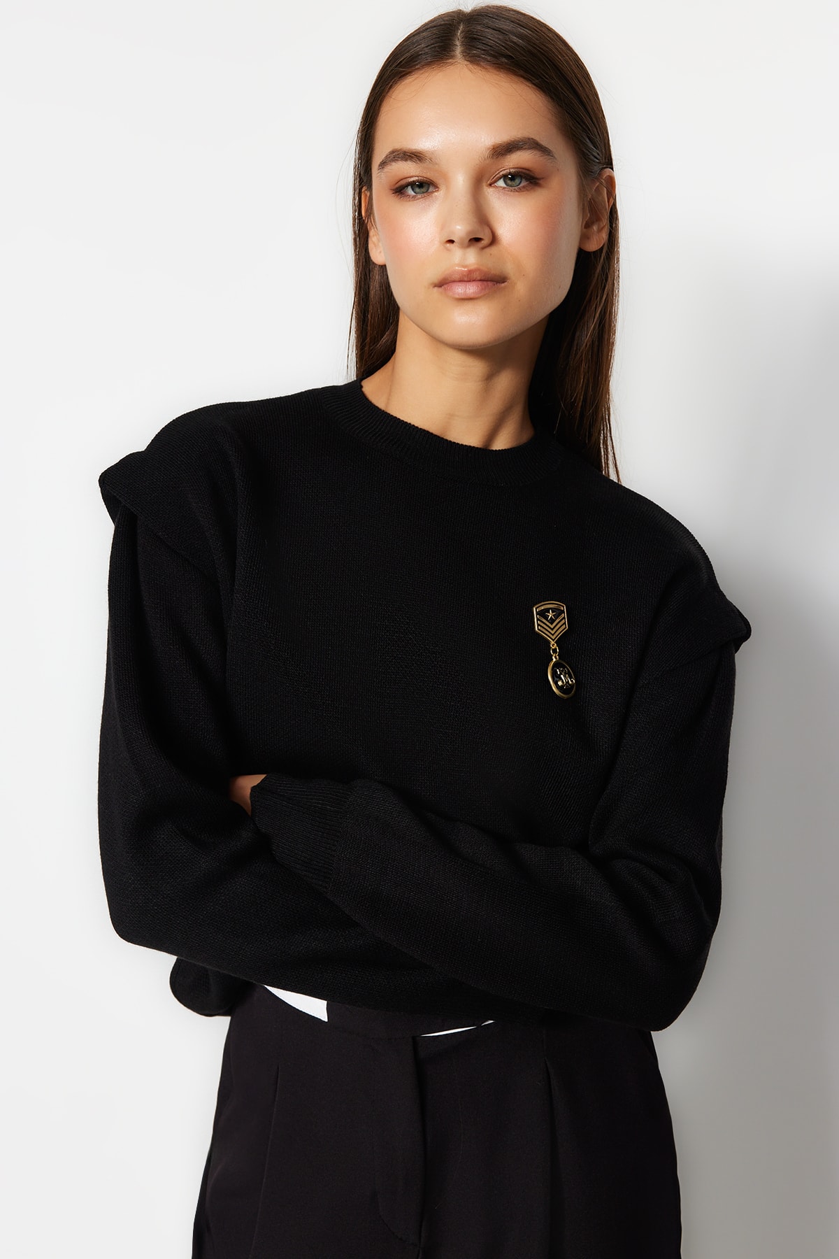 Trendyol Black Epaulette Detailed Knitwear Sweater