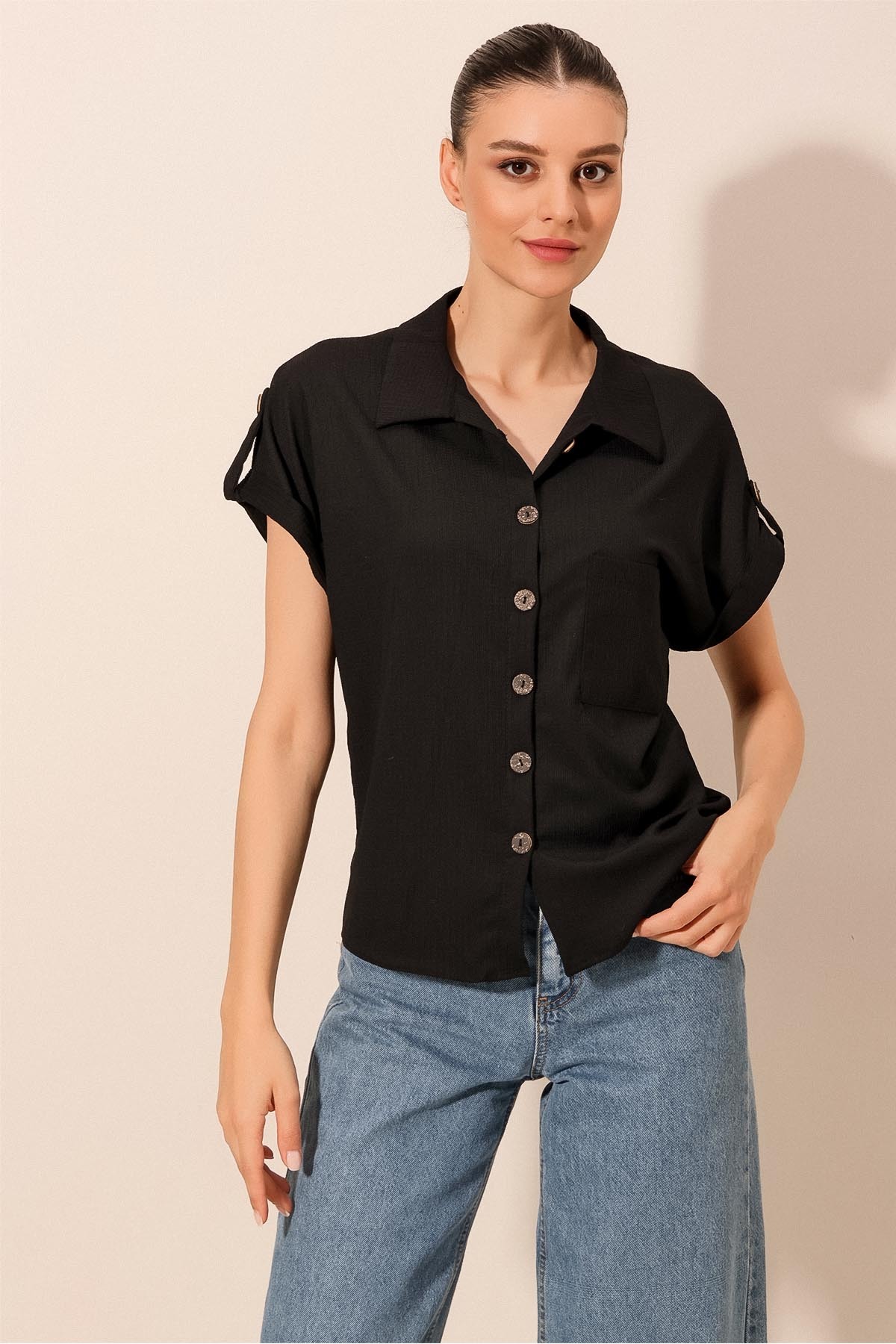 Levně Bigdart 20187 Short Sleeve Oversize Knitted Shirt - Black