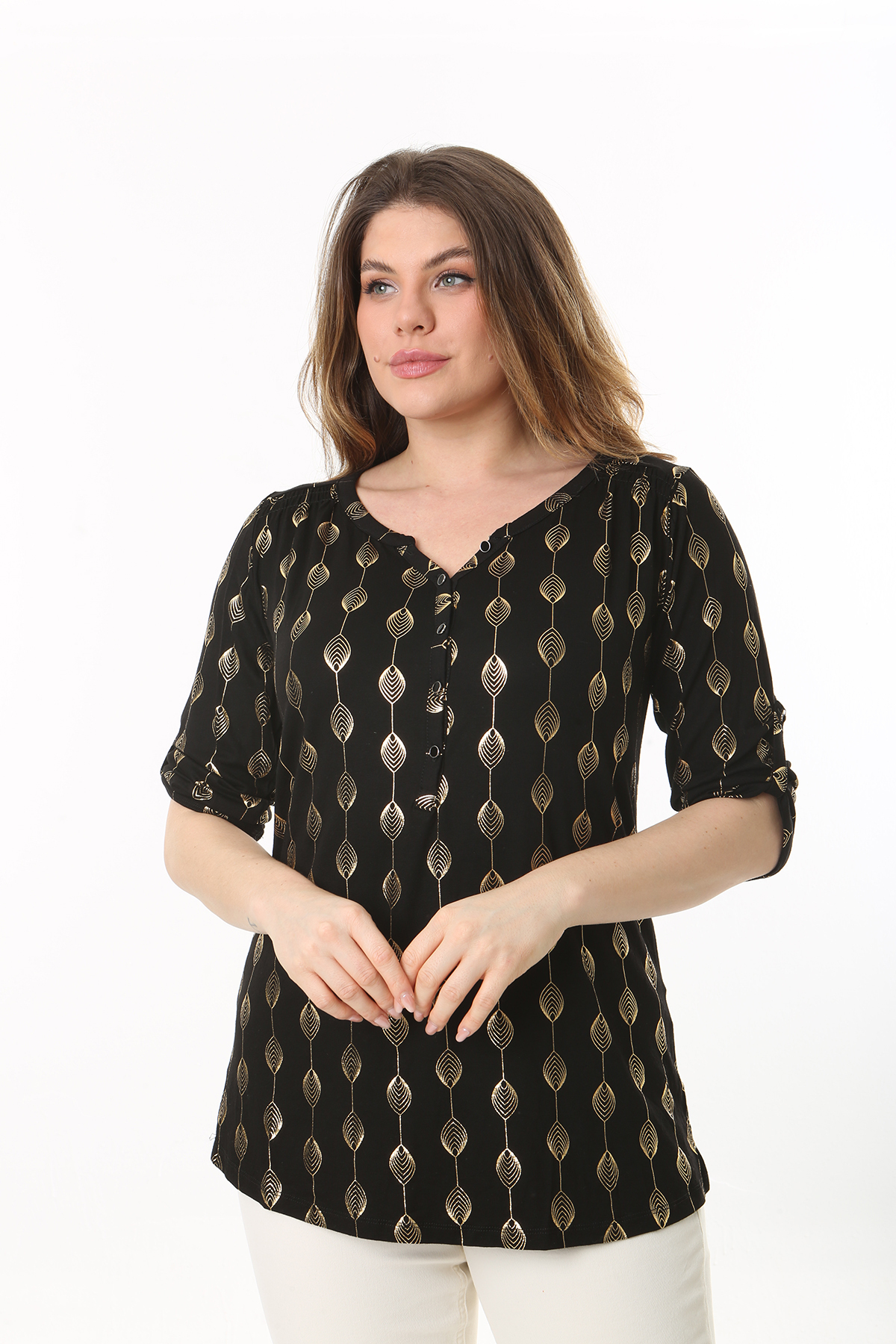 Şans Women's Plus Size Brown Front Pat Buttoned Adjustable Sleeve Lacquer Print Blouse