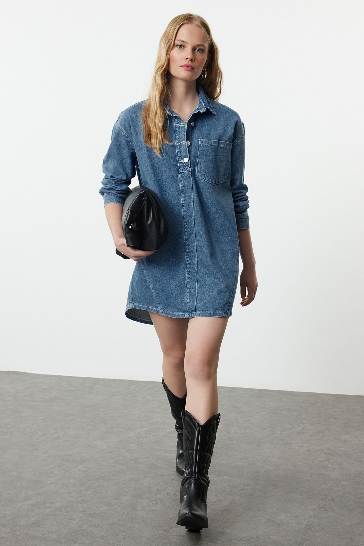 Trendyol Blue Stitching Detailed Mini Denim Dress