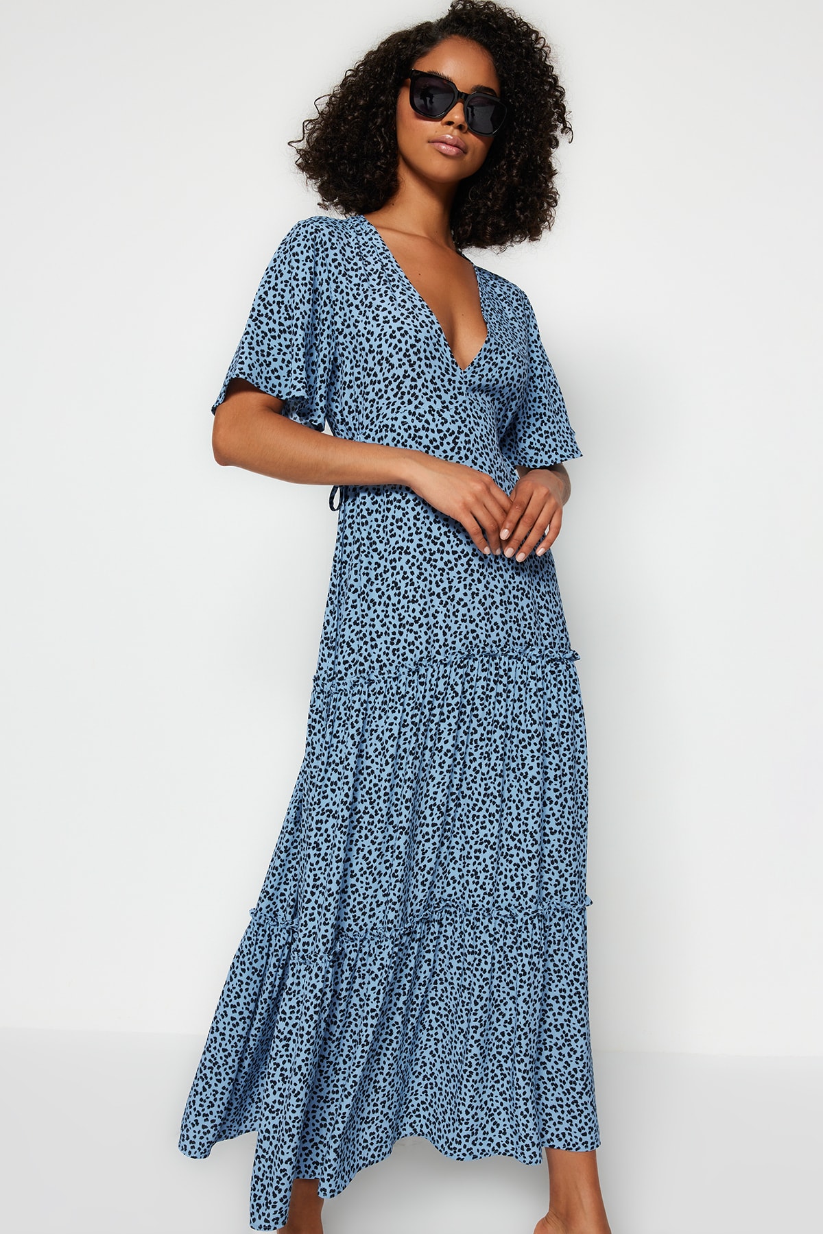 Rochie țesută Trendyol Blue V-Neck Printed Relaxed Fit