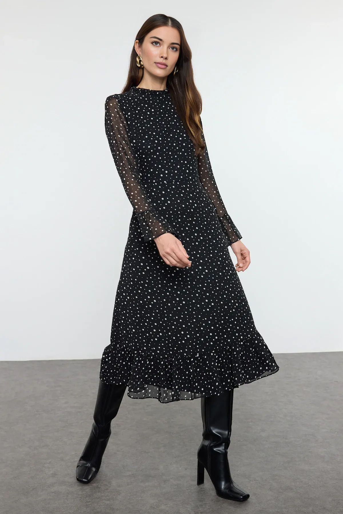 Trendyol Black and White Polka Dot Patterned A-Line Midi Lined Chiffon Woven Winter Dress