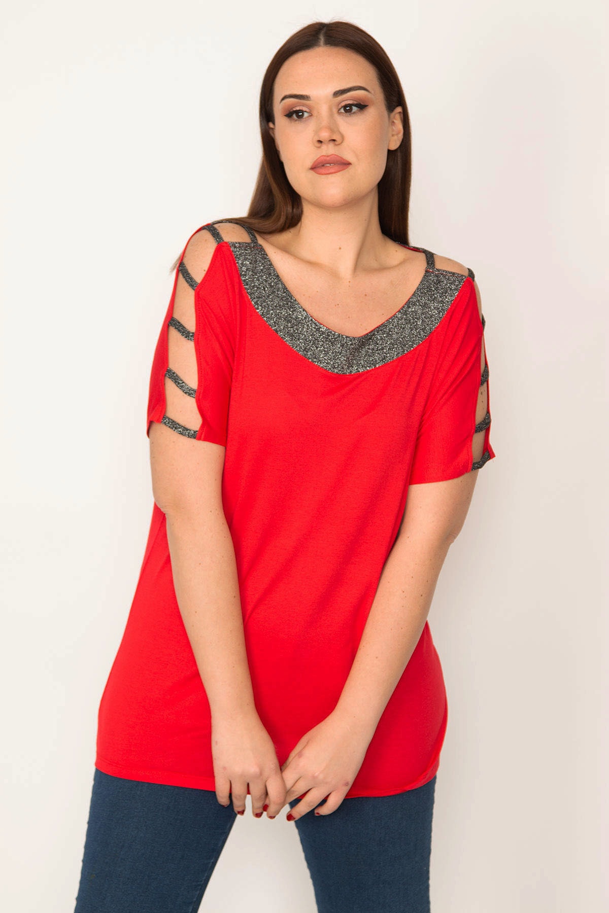 Levně Şans Women's Plus Size Red Decollete Silvery Detailed Lycra Viscose Blouse
