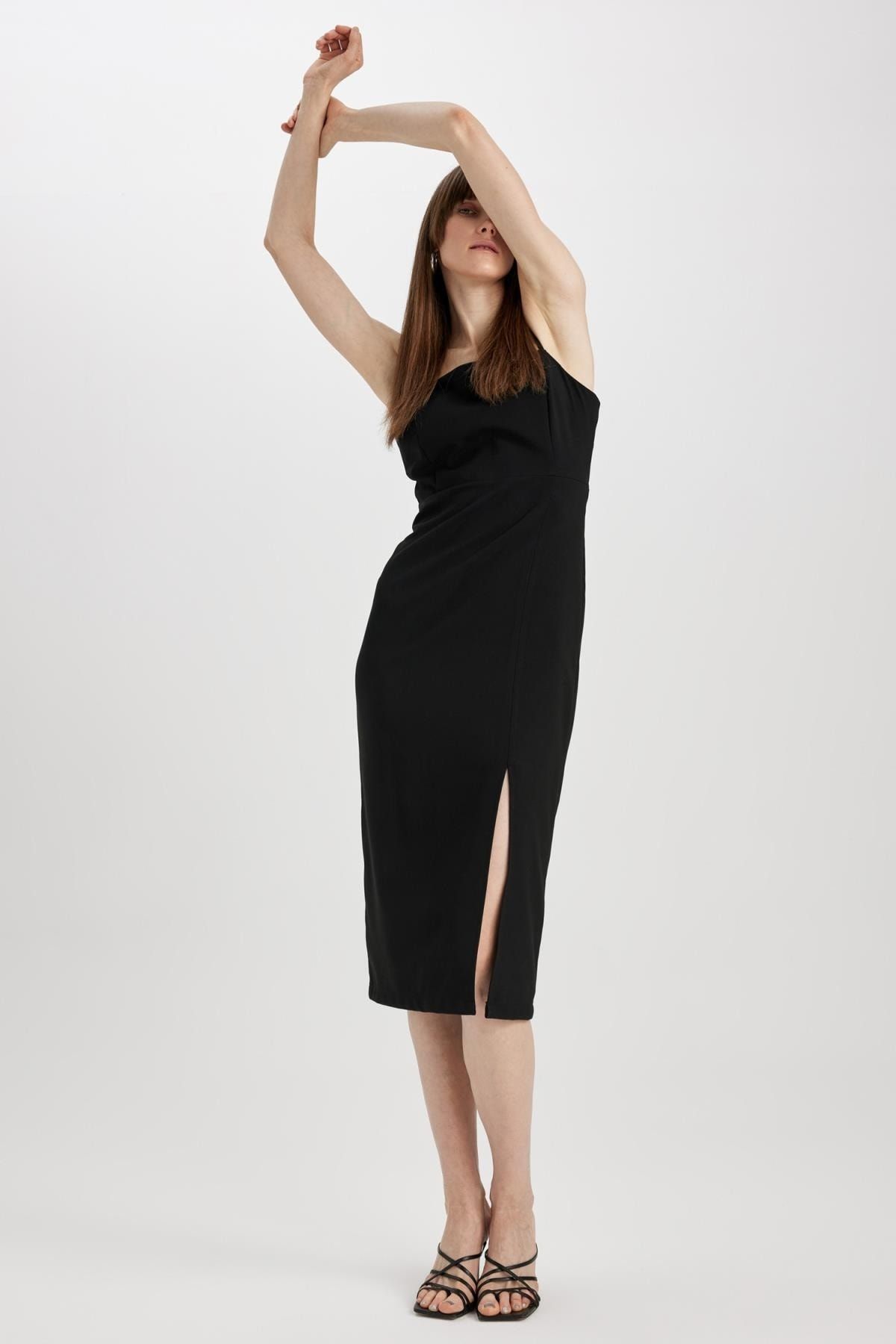 DEFACTO Straight Fit Square Neck Straps and Slits Midi Dress