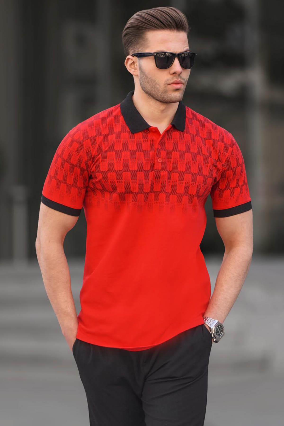 Levně Madmext Men's Red Slim Fit Patterned Polo T-Shirt 6109