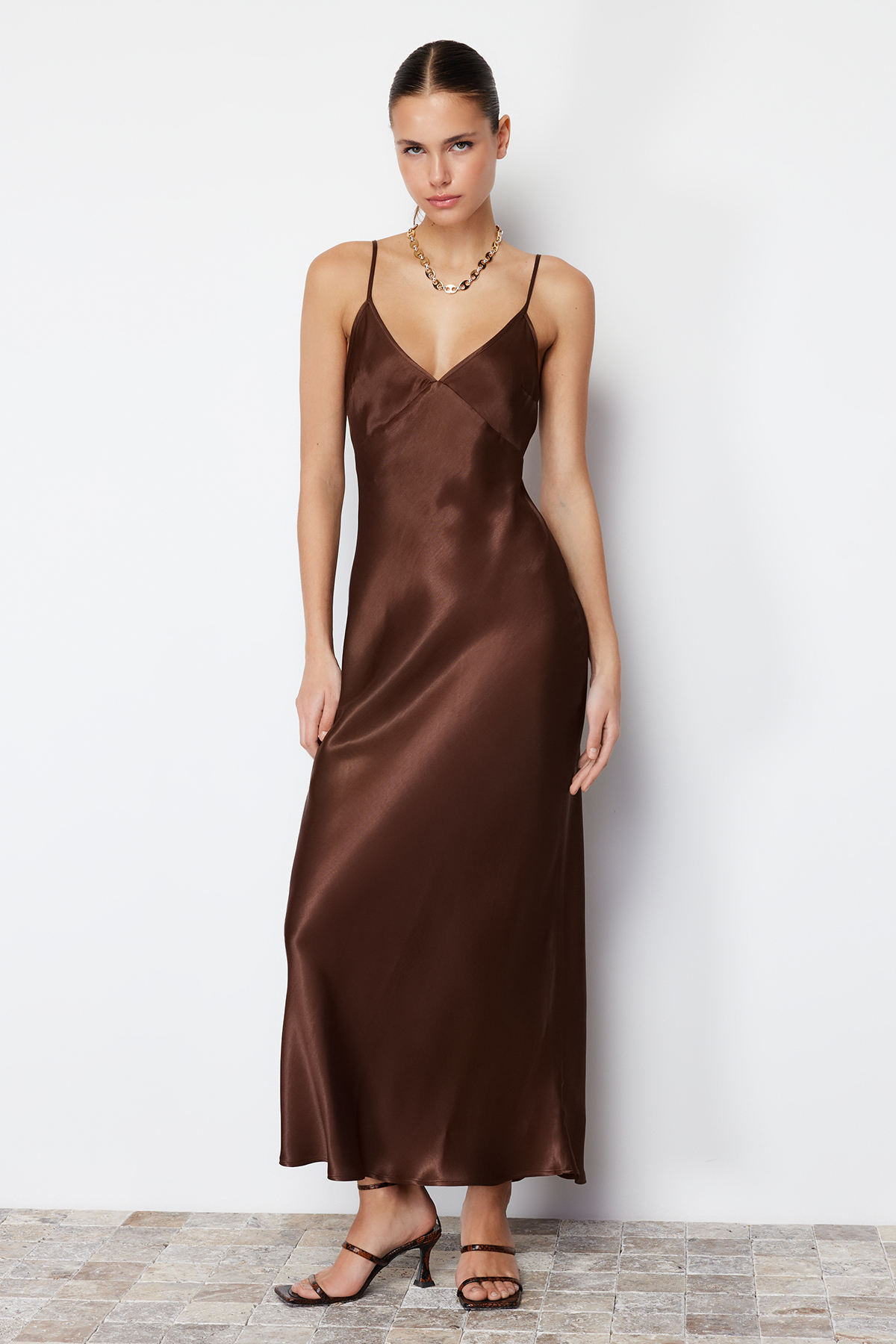 Trendyol Brown Straight Cut Satin Strappy Maxi Woven Dress