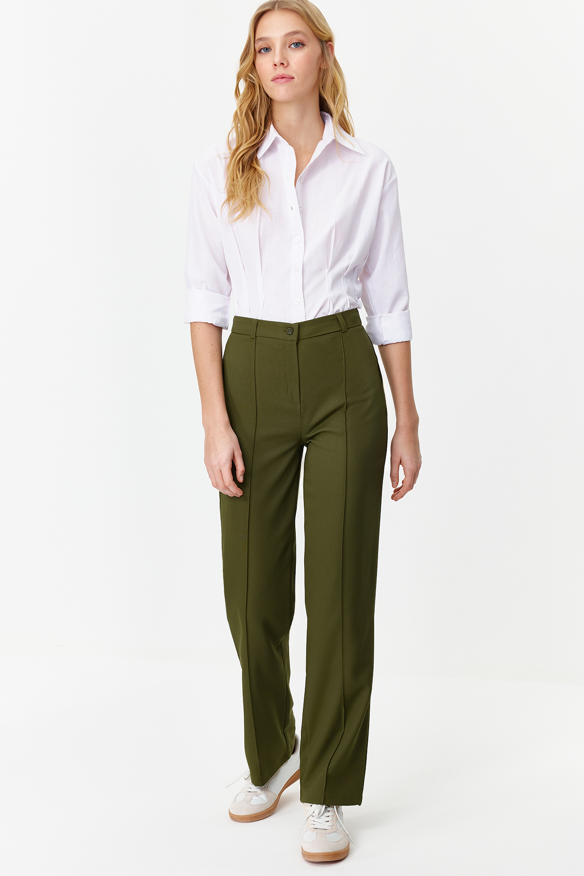 Levně Trendyol Khaki Straight/Straight Fit High Waist Ribbed Stitched Woven Trousers