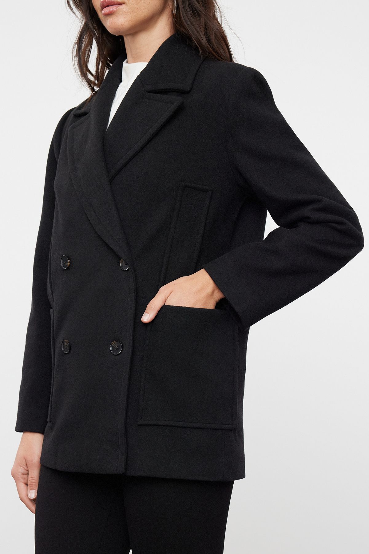 Trendyol Black Regular Pocket Detailed Soft Texture Short Jacket Coat