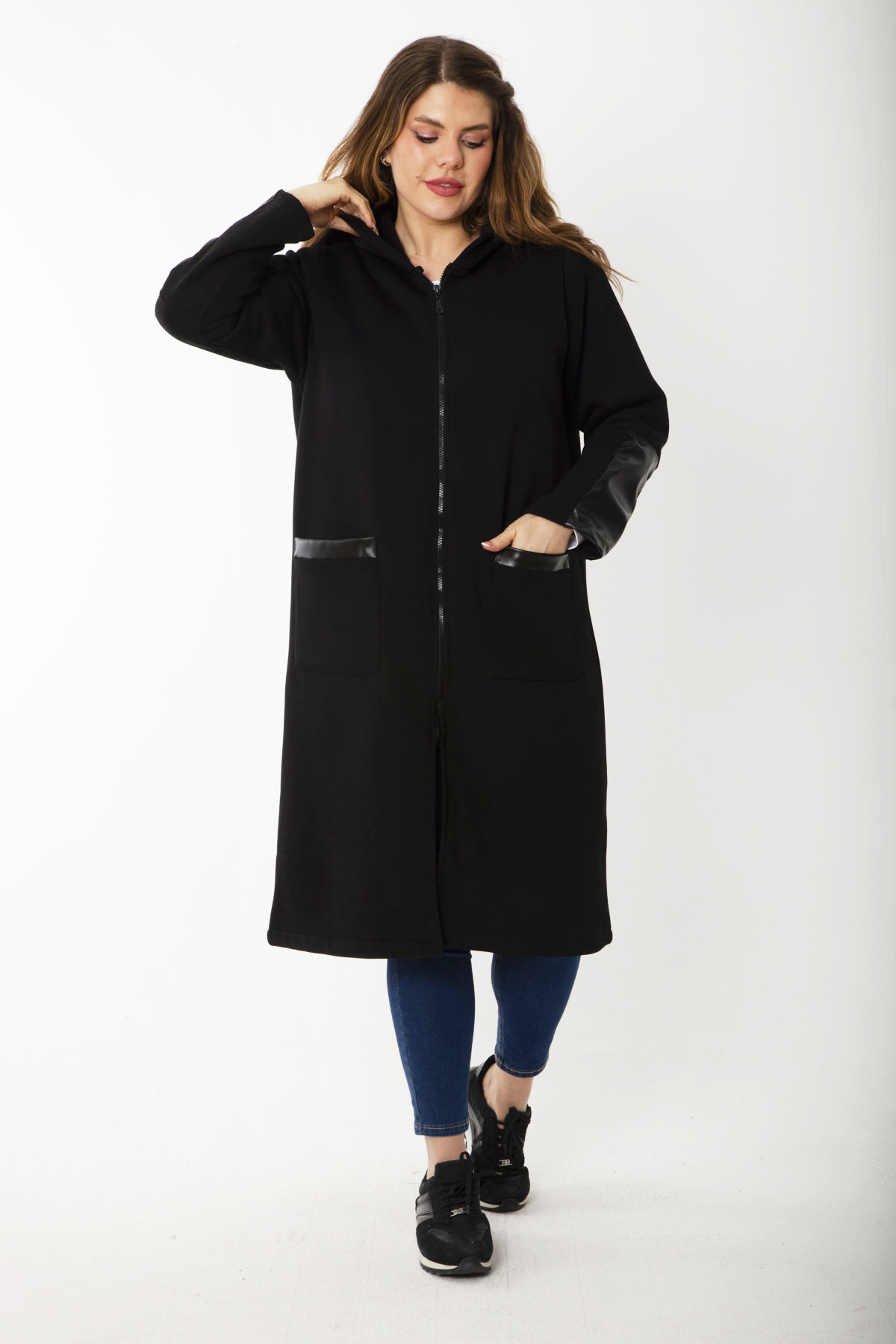 Şans Women's Large Size Black Front Zipper Hooded Unlined Faux Leather Coat