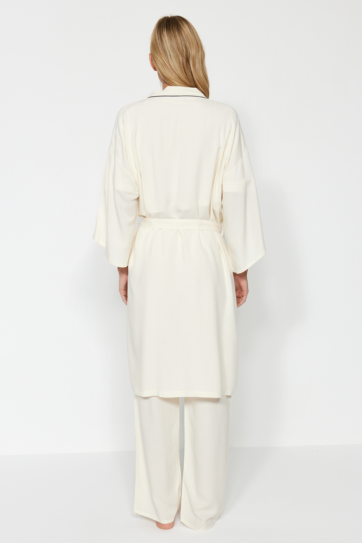 Trendyol Beige 2-Piece Viscose Tie Dressing Gown-Pajama Bottom Woven Pajamas Set