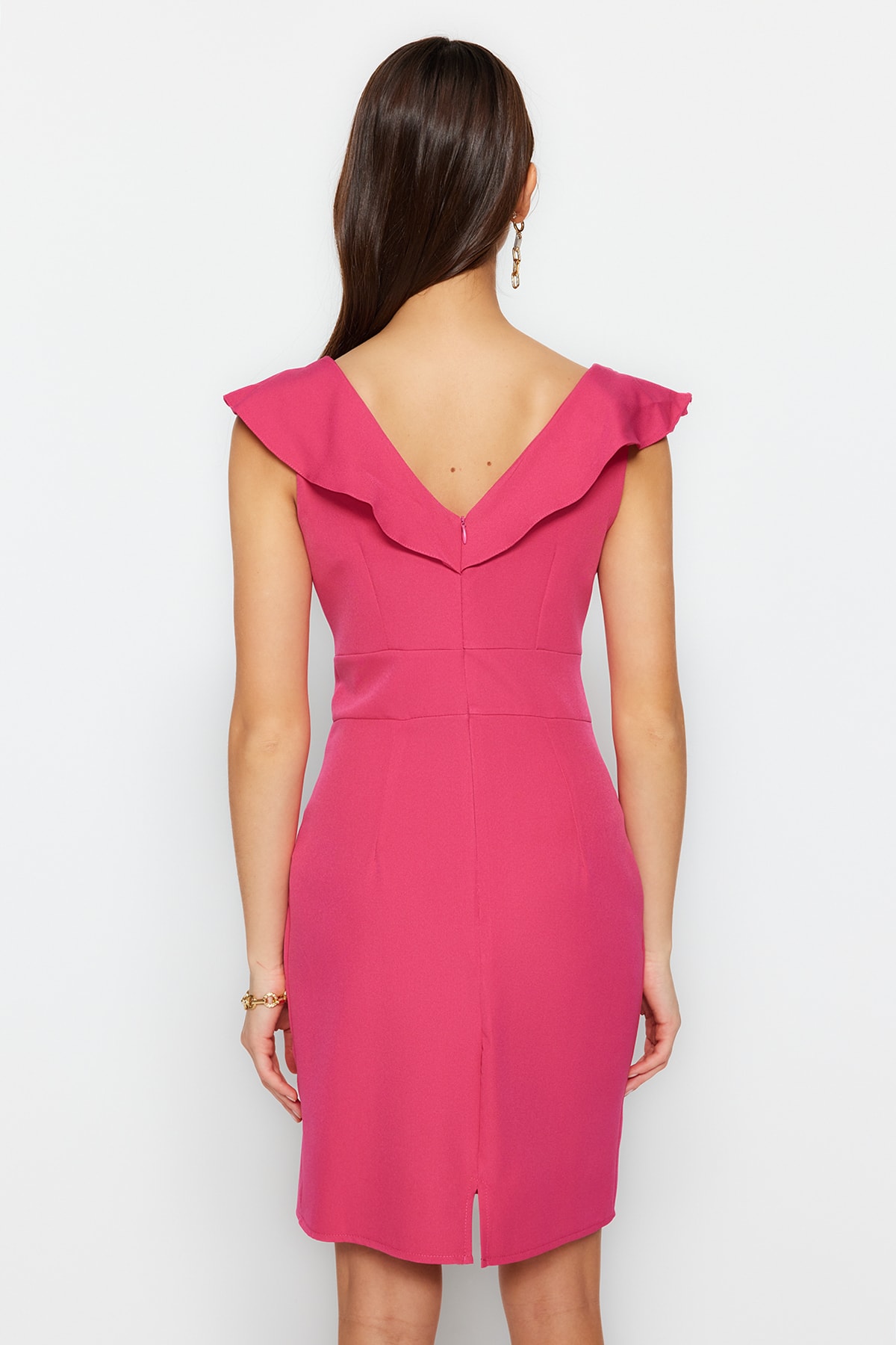 Rochie țesută Trendyol Fuchsia cu guler Flounce