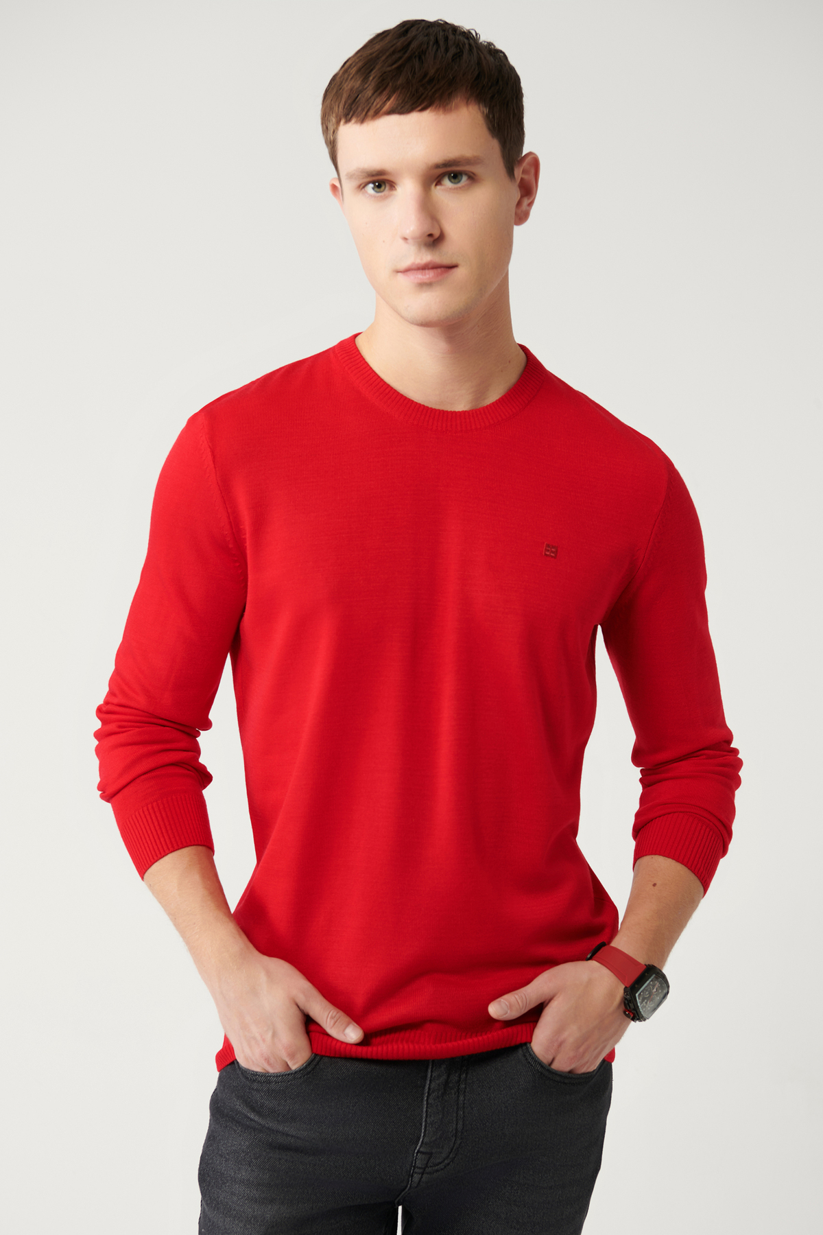 Avva Men's Red Knitwear Sweater Crew Neck Non-Pilling Regular Fit
