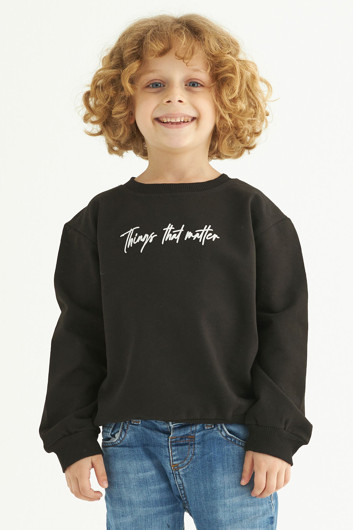 zepkids Boys' Black and Text Printed Crewneck Sweatshirt.