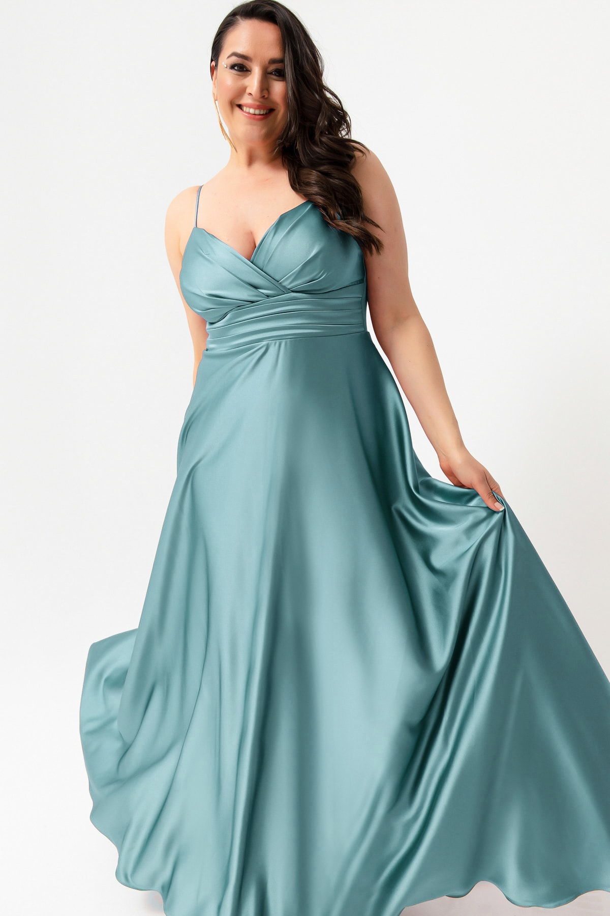 Lafaba Women's Plus Size Satin Long Evening &; Prom Dress With Turquoise Rope Straps